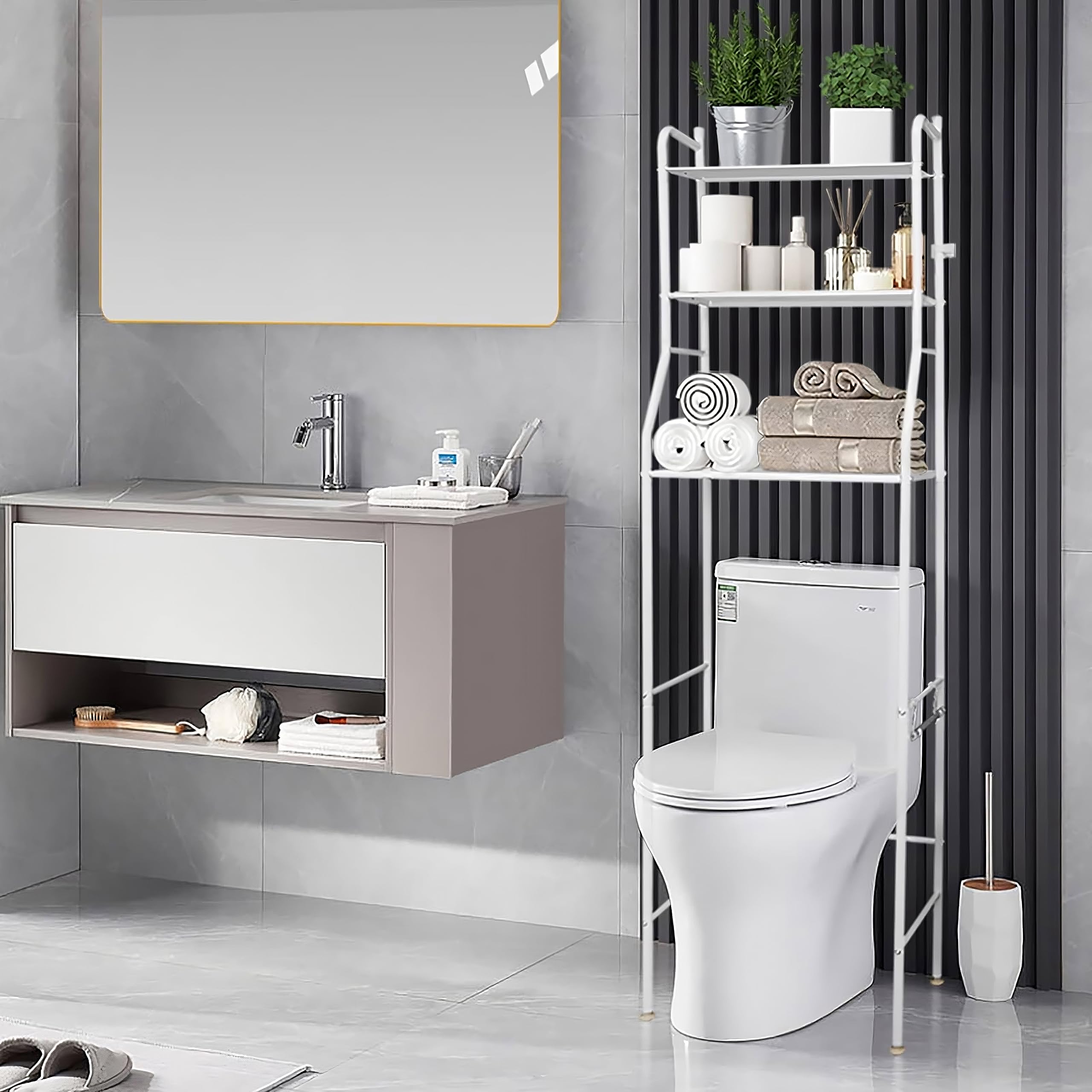 Retoo Toilettenregal, Badezimmerregal, Waschmaschinenregal, 3 Badregal offenen Ablagen, WC Regal, Platzsparend, Leicht zu montieren, Waschmaschinenüberbau Multifunktional mit viel Stauraum