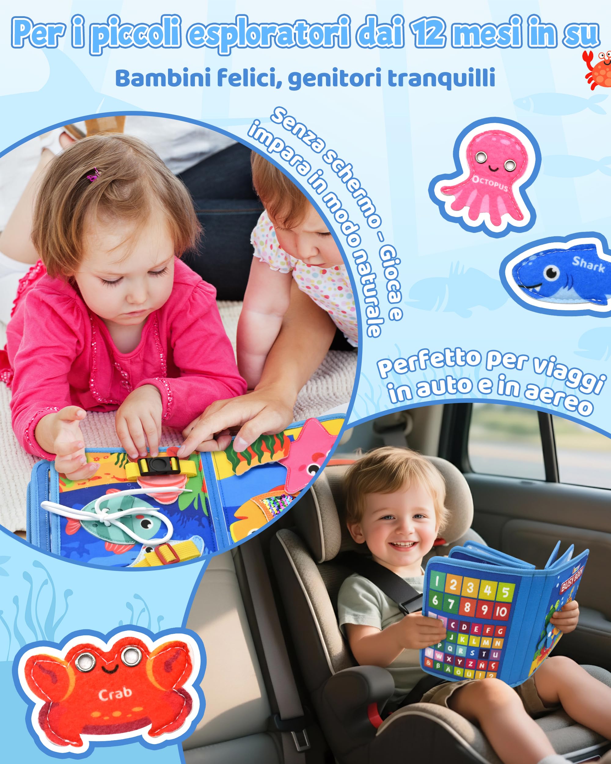 Busy Board Montessori Libro Interattivo 1-3 Anno - Quiet Book Sensoriale Educativo - Giochi Montessori 1 2 3 Anni Tavolo Pannello di Feltro attività Valigetta Didattici Regalo Bimbo