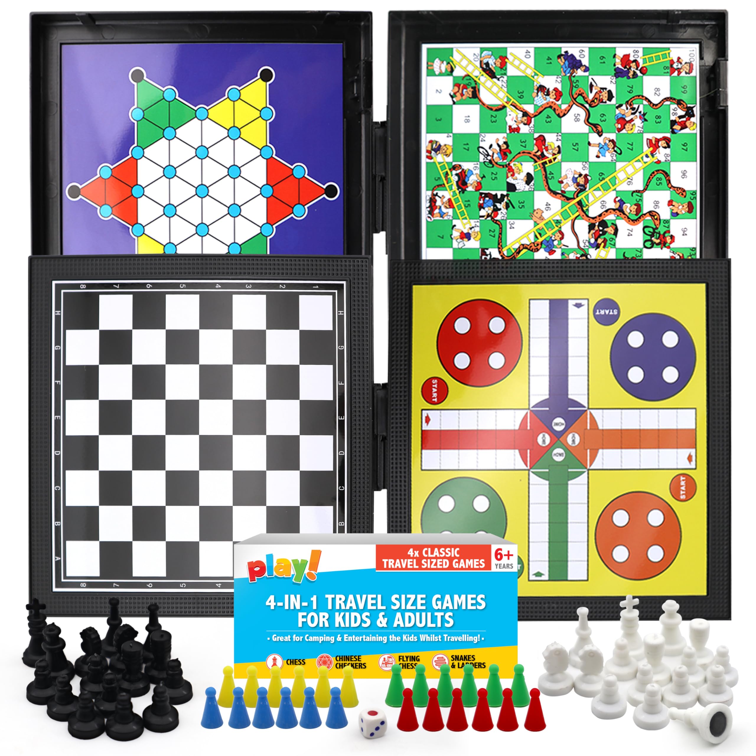 SOL 4-in-1 Travel Size Games for Kids & Adults with Snakes & Ladders, Chess, Flying Chess & Checkers, Mini Magnetic Board, Pocket-Sized for Kids 8-12, Small Compendium for Travel and Plane Activities