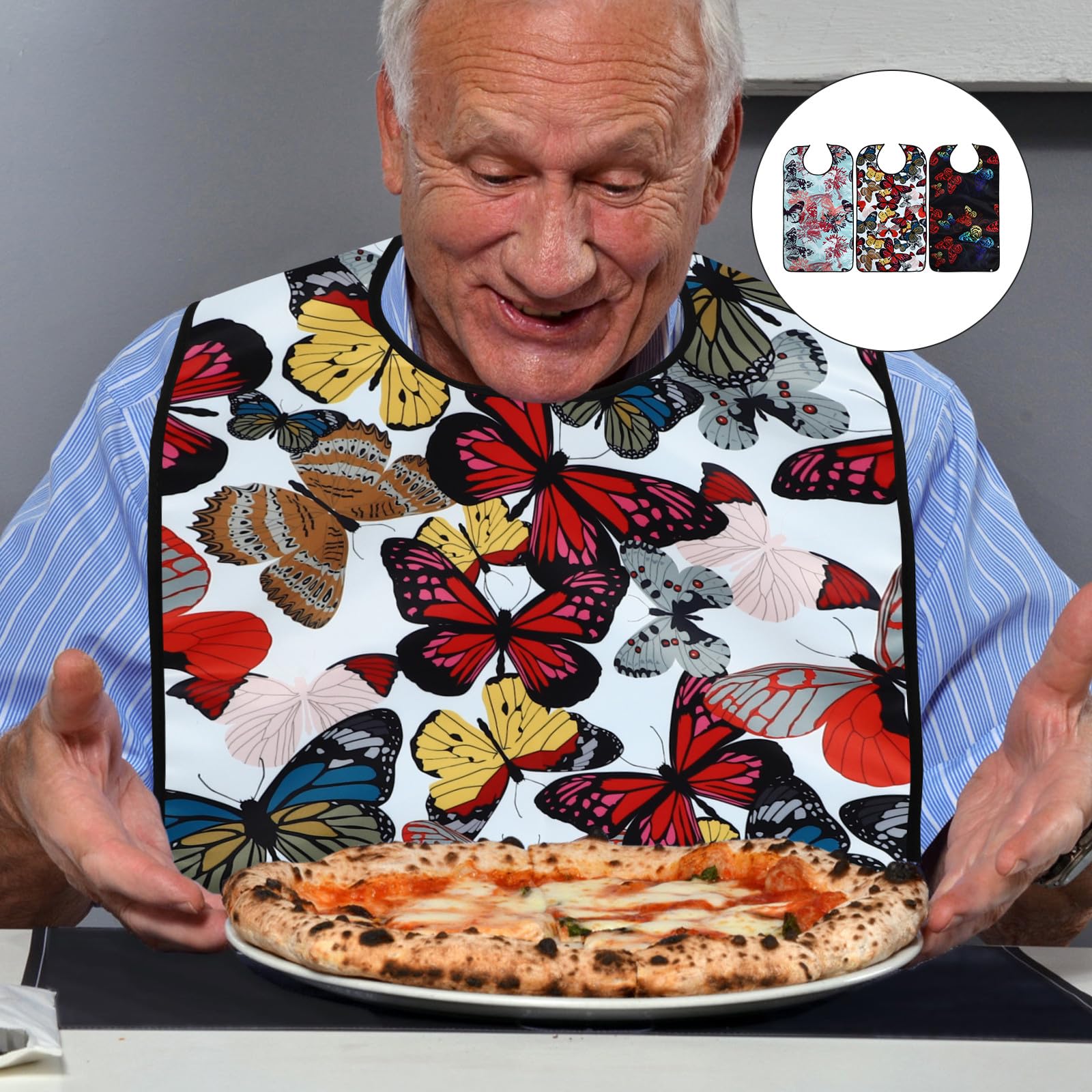 Healeved 3 Stück pack Esslätzchen für Erwachsene mit Knopfverschluss und Extra Schutz Bedruckte Lätzchen für Senioren Beim Essen Polyester Praktische Mahlzeitenschutz Zufällige Farbe
