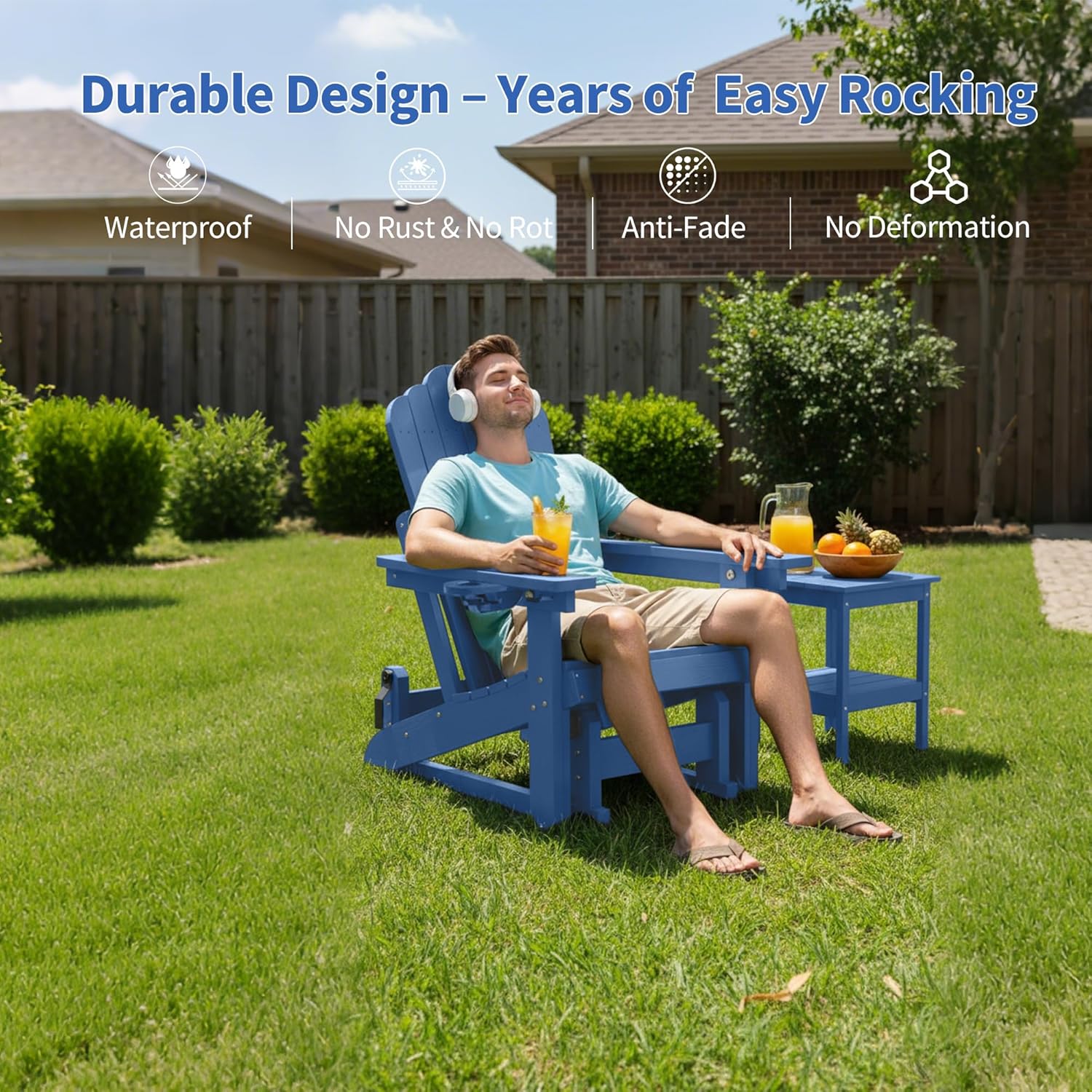 HDPE Outdoor Glider Chair Set of 2,3-Position Adjustable Backrest Patio Glider, All-Weather Glider Rocker Chair with Cup Holders,Porch Glider for Outside,Deck,Fire Pit, Poolside,400LBS Capacity (Blue)