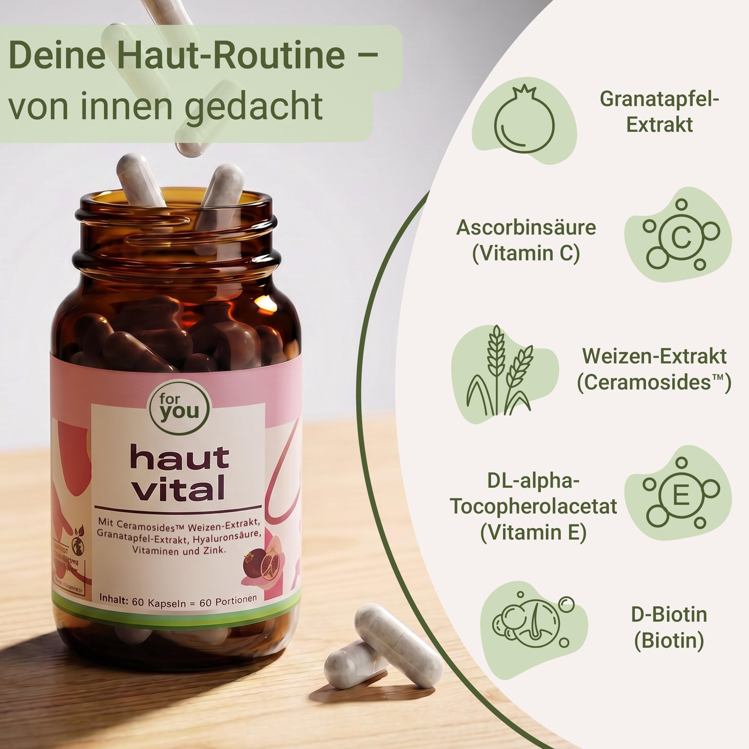 for you haut vital - 2x60 Doppelpack Kapseln mit Ceramosides™ Weizen- Lipid-Extrakt, Granatapfel-Extrakt, Hyaluronsäure, Vitaminen & Mineralstoffen zur Erhaltung normaler Haut - Schönheit von innen