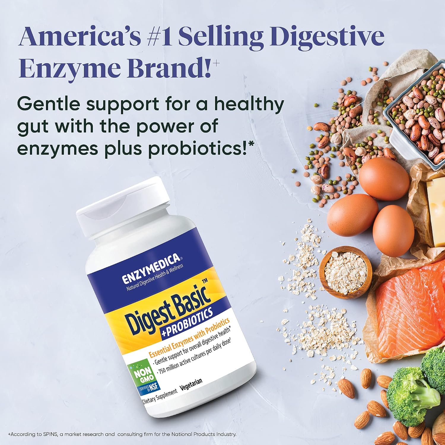 Enzymedica, Digest Basic + Probiotics, Gentle Enzymes for Digestive Health, Breaks Down Carbs, Fats and Proteins with Protease, Amylase and Lipase, 750 Million CFU, Vegetarian, 30 Capsules