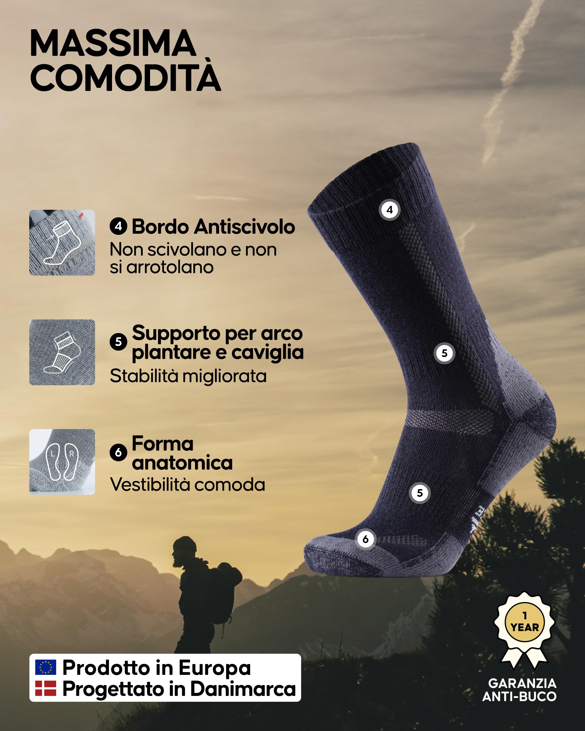 DANISH ENDURANCE Calze Trekking in Lana Merino, Anti-Vesciche, Calzini Escursionismo da Uomo, Donna, Bambino, 3 Paia