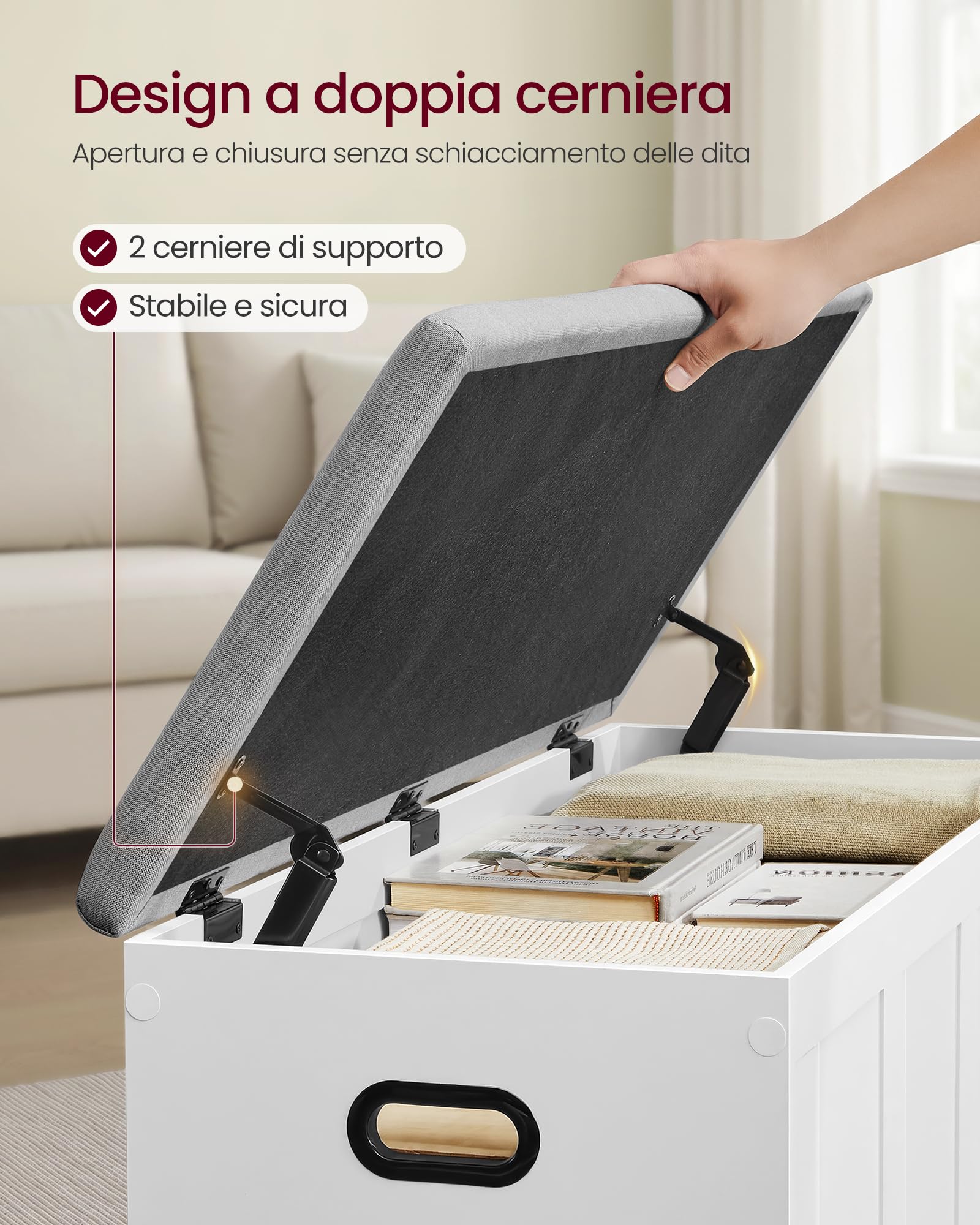 VASAGLE Cassapanca con Coperchio, 2 Cerniere di Sicurezza, Panchina Portascarpe, Stile Rustico, per Ingresso, Camera da Letto, Soggiorno, 41 x 101 x 49 cm, Bianco Opaco e Grigio Tortora LSB068W101