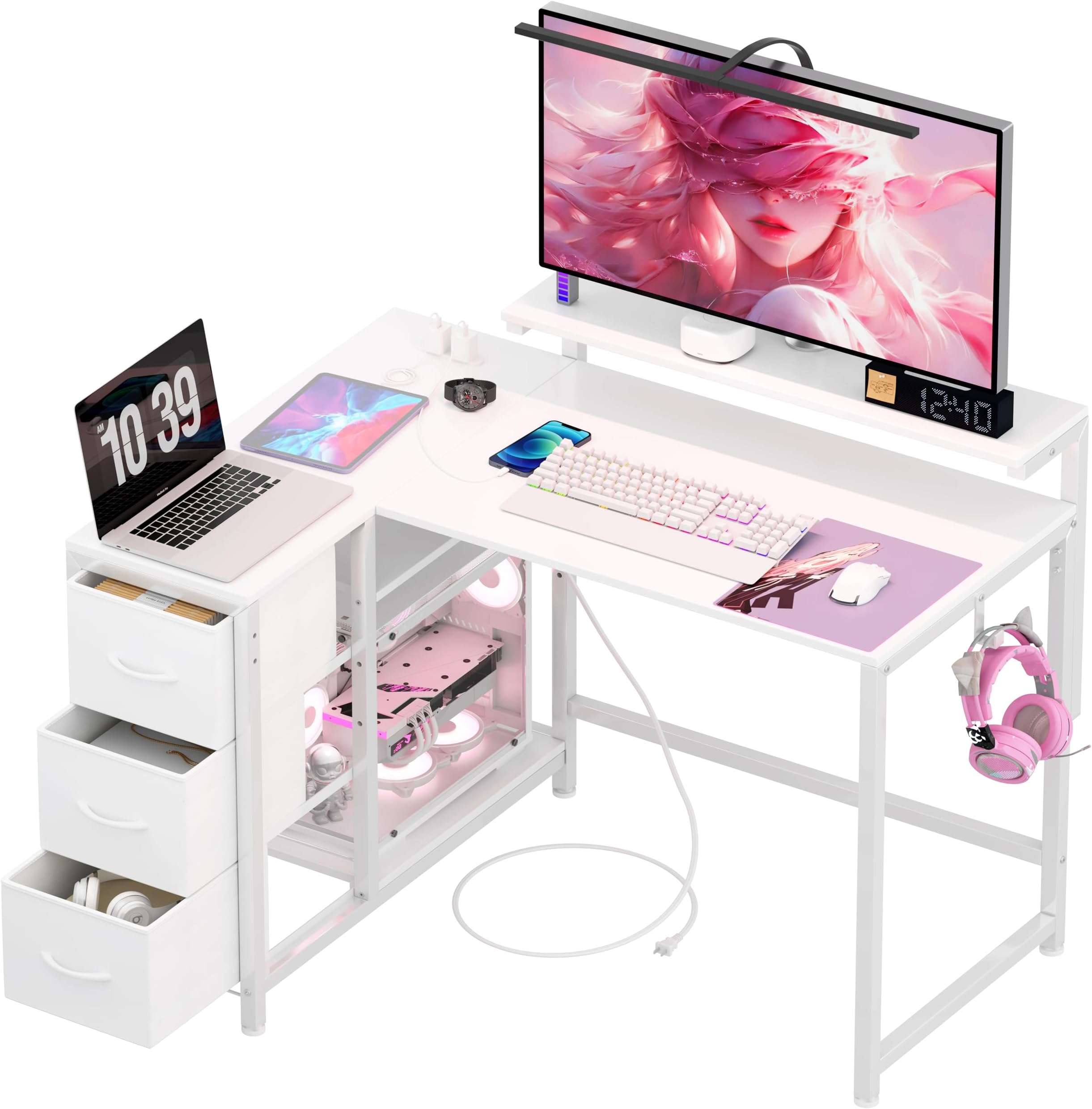 LunarLight PC Computer Desk, Width 42.5 x Depth 31.5 x Height 28.3 inches (108 x 80 x 71.8 cm), Telework, L-Shaped Desk, Freely Interchangeable Left/Right Model, 3-Level Adjustable Monitor Stand (Compatible with 3.9 - 13.2 inches (108 - 33.5 cm), Drawers and Outlet)