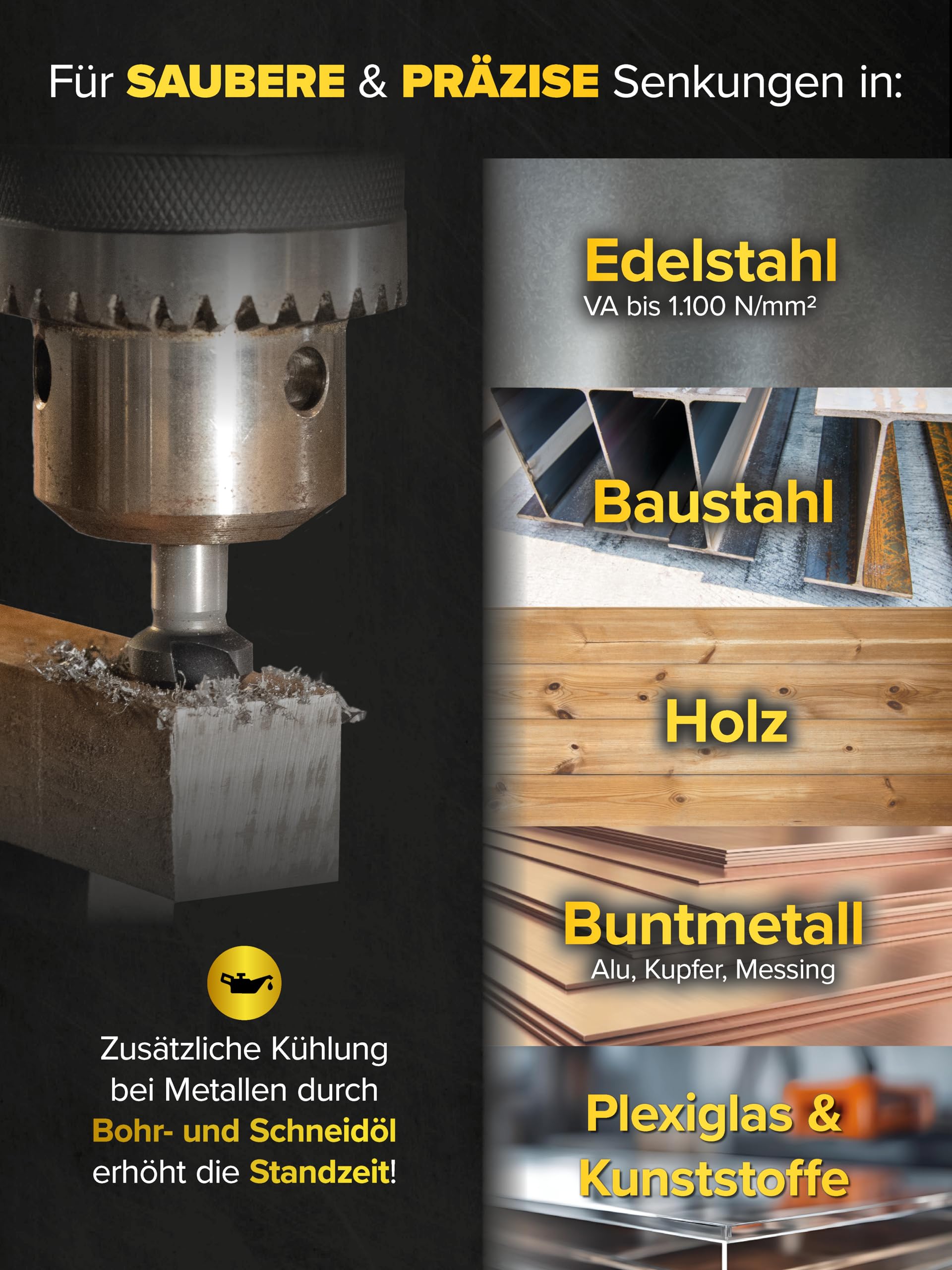 monkeystrong Kegelsenker Set Metall & Edelstahl HSS-E AlTiN 90° 6,3-20,5mm | Industriequalität, AlTiN bis 900°C, HSS-E Co5 Kobaltstahl, extra scharfer V-Schliff, Edelstahl, VA, Stahl, Alu, Kupfer