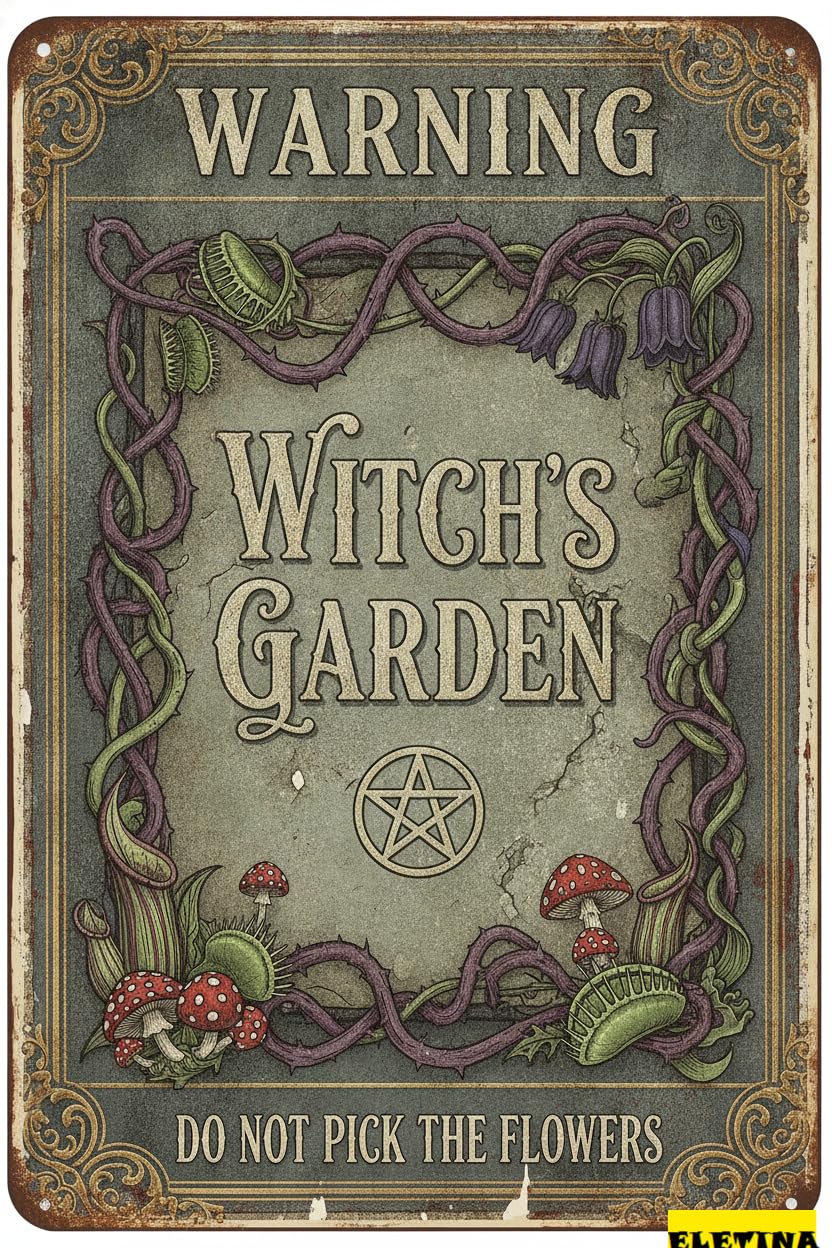 Witch's Garden Warning Tin Sign, 8x12 Inch Garden Decor