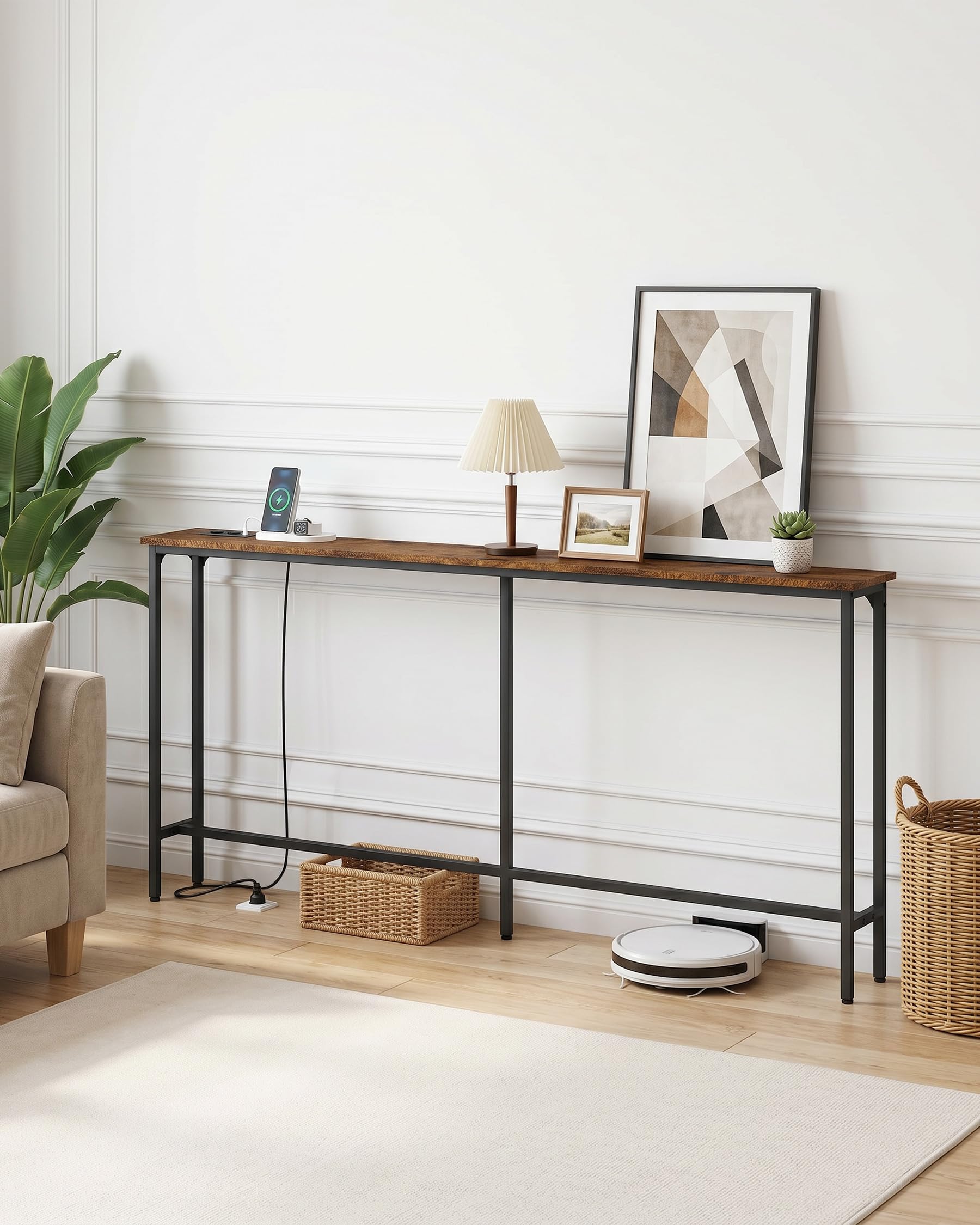 Consola Recibidor Madera 20 cm Fondo, Recibidores de Entrada, Mueble Recibidor Entrada, Mesa Alta de Estilo Industrial con 2 enchufes y 2 interfaces USB