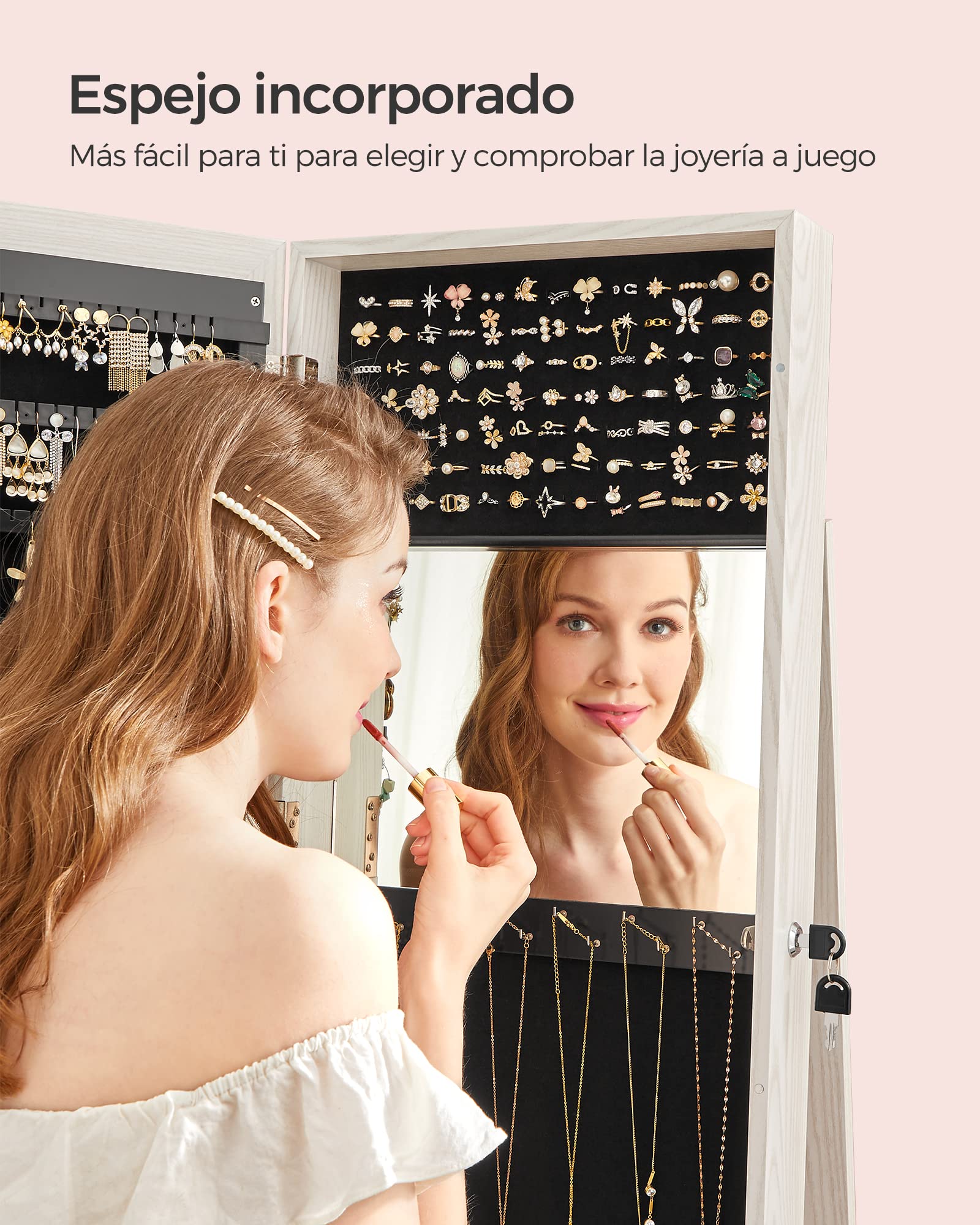 SONGMICS Armario Joyero con Espejo Entero Giro 360° JBC62W Blanco