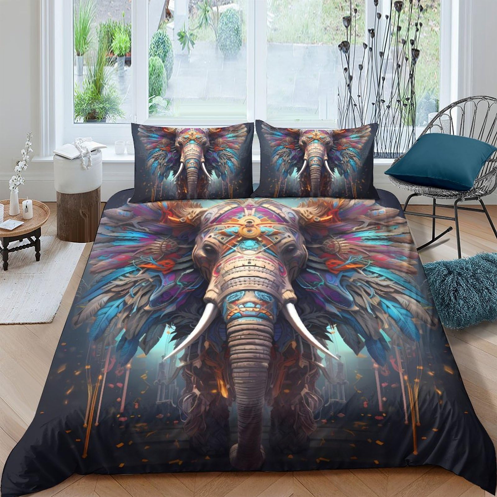 Ctjqhvkz Style-2 3D Printed Boho Elephant Fitted Sheet Microfiber Soft Vibrant Tribal Feather Mattress Cover For Bedroom Guest Room Decor Single（135X200cm）