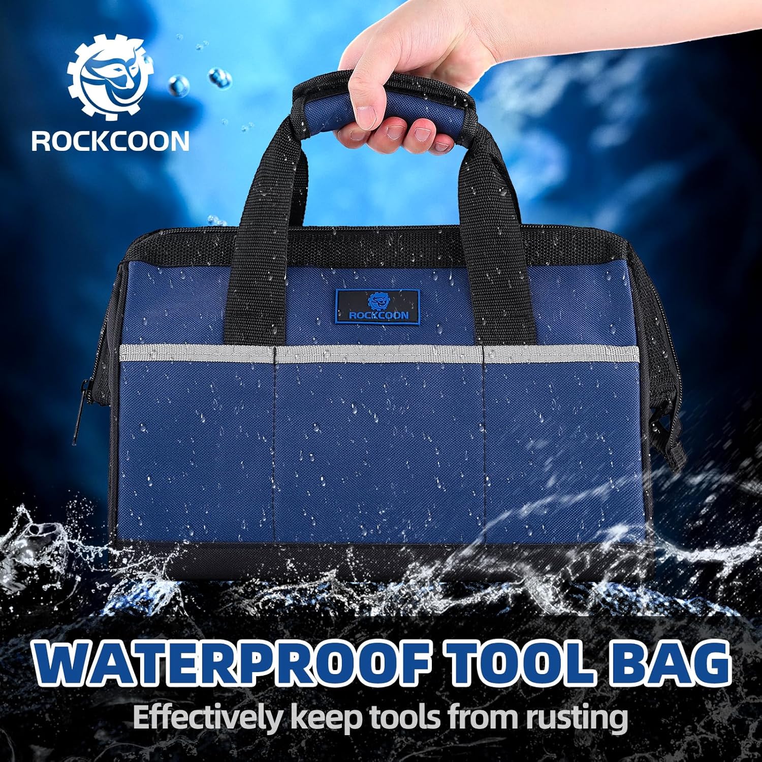 Tool Bag 13'', Wide Mouth Tool Organizer for Tool Storage, Heavy Duty and Water Proof, Blue & Black