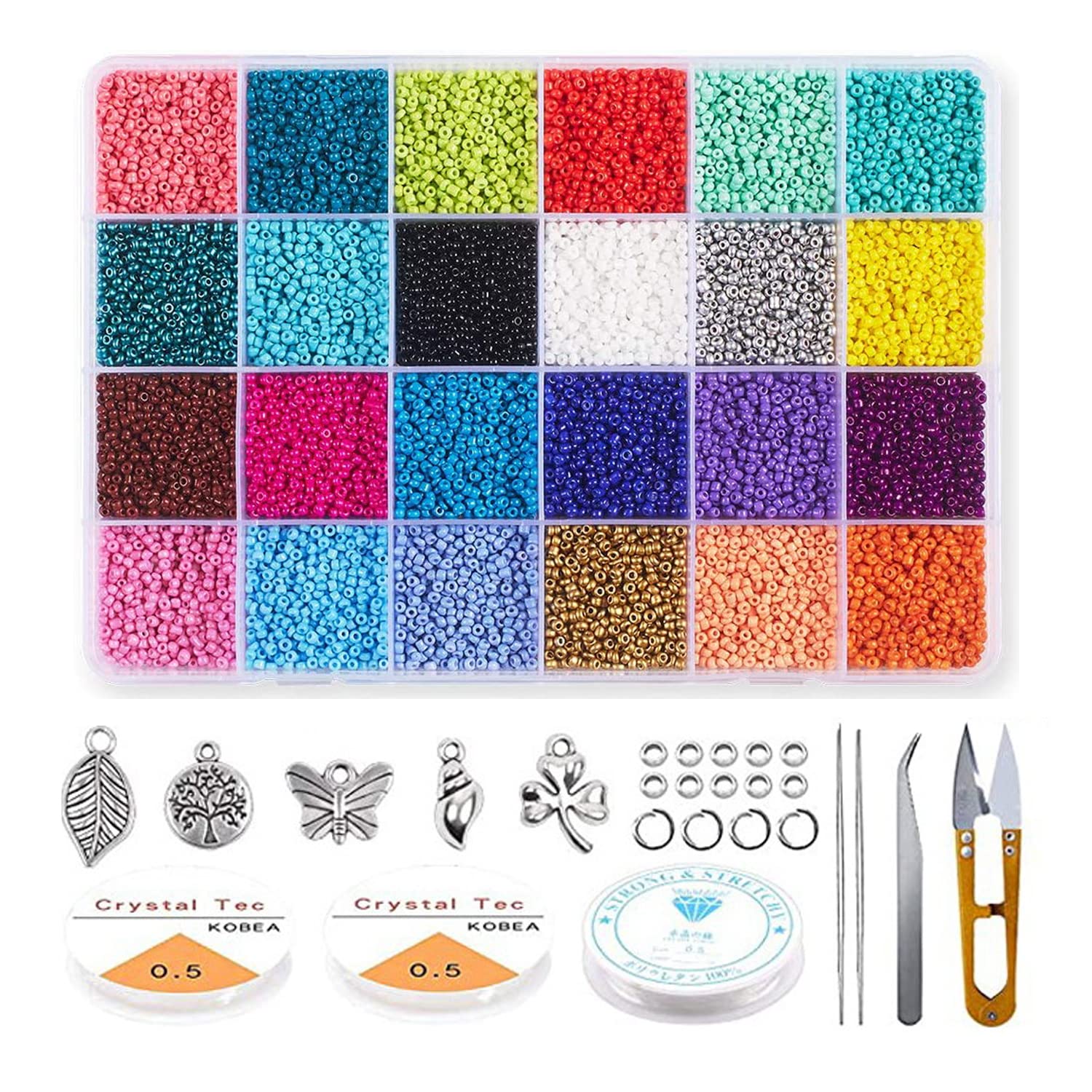 GGerou Seed Beads for Bracelets Making Kit, 24000 pcs 2mm Colored Small Glass Beads for Bracelets Jewelry Making Crafts 24 Colors DIY Jewelry Making，Beads Bracelet Necklace Earring Making Kits(C)