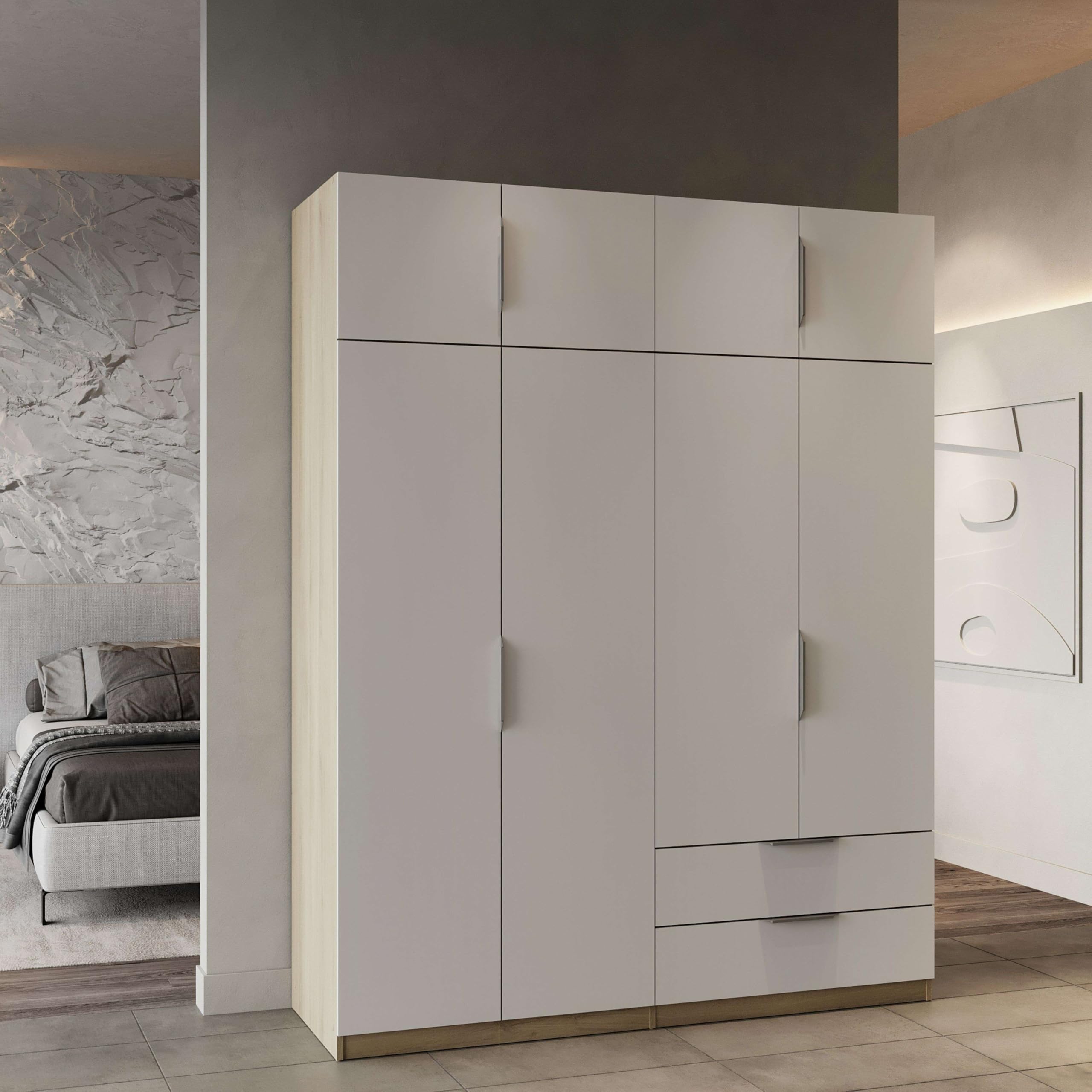 Miroytengo Armario Dormitorio Ghost 8 Puertas y 2 cajones Melamina Color Blanco Mate y Roble Kronberg 158x51 cm