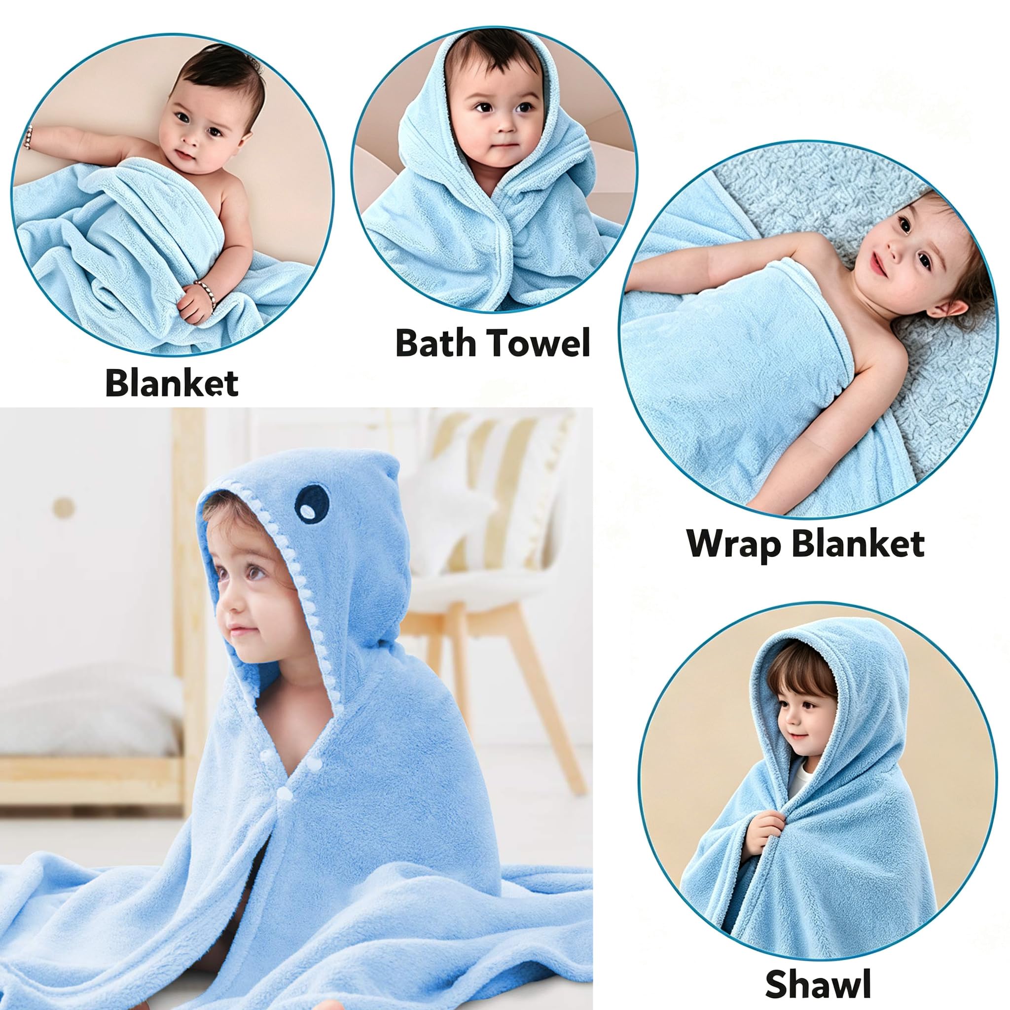 Badetücher für Kinder,Premium Kapuzen Handtücher für Kleinkinder Hochsaugfähiger Coral Fleece-Bademantel für Jungen Mädchen-140X70MM (Blauer Hai)