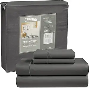 800 Thread Count Egyptian Cotton Sheets Full Sheet Set Deep Pocket, 100% Cotton Bed Sheets Full Size Set, No Pill Soft & Comfy Naturally Cool Breathable Elasticated Sheet & Pillowcase Sets - Charcoal