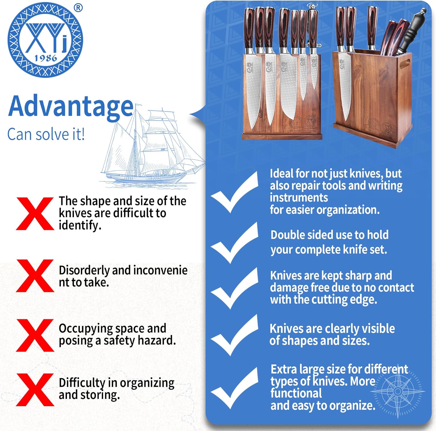 XYJ Magnetic Knife Block Holder,Double Side Magnetic Knife Stand,Acacia Wood,Extra Large Capacity Magnet Knife Storage for Knives and Utensils,Kitchen Organizer Rack Tool Without Knives