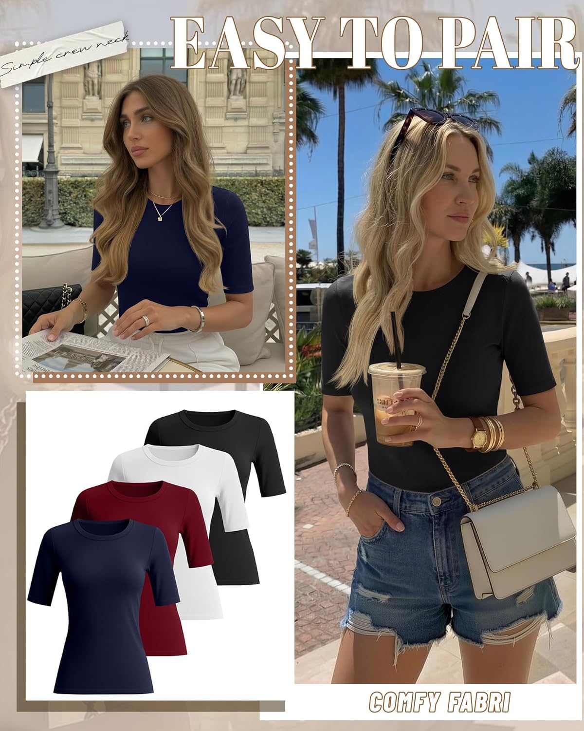 Neer 4 Pack Women's Half Sleeve Tops Elbow Length Slim Fit Crewneck T-Shirts 1/2 Sleeve Casual Summer Basic Tees