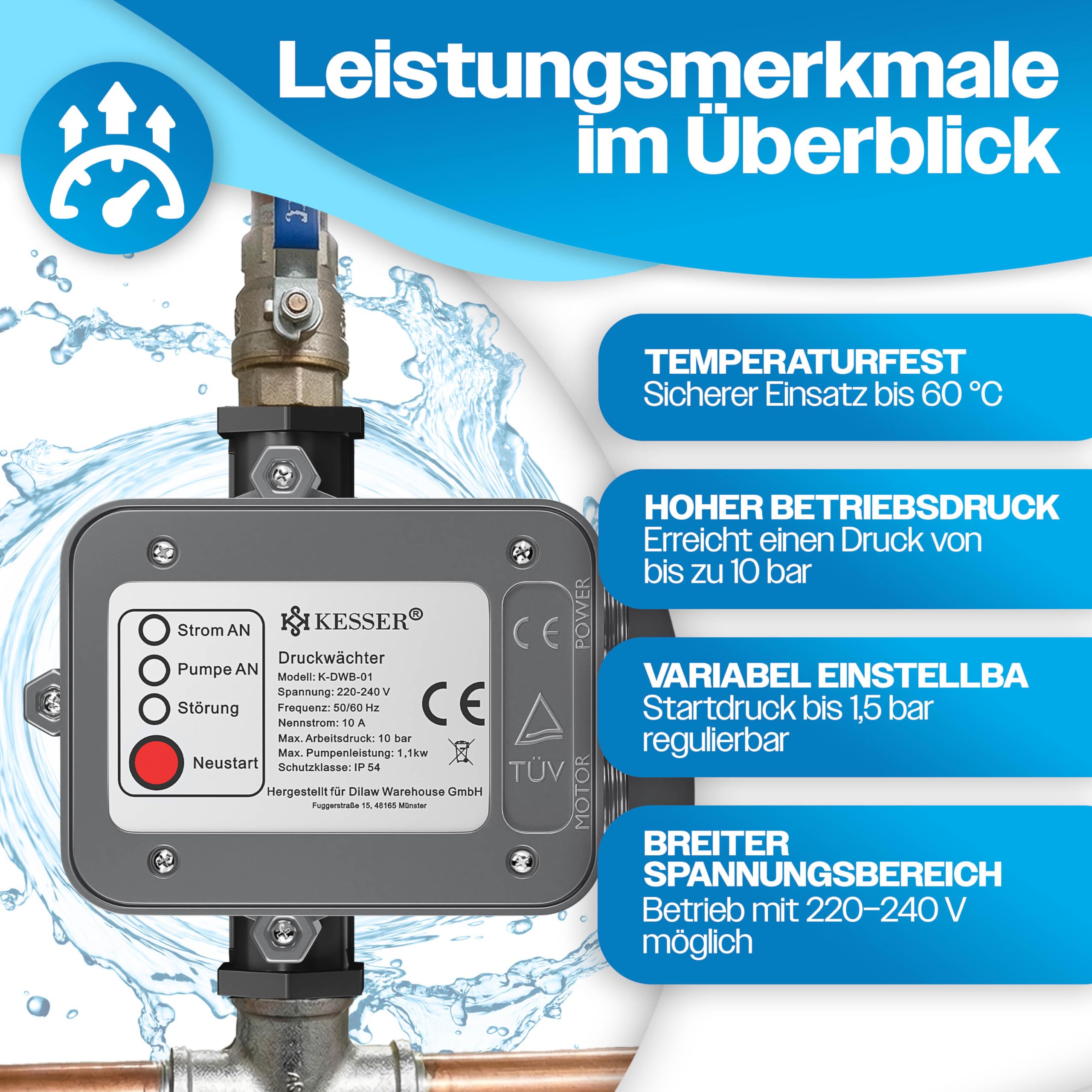 KESSER® Druckwächter Druckschalter | 10 bar Pumpensteuerung | Hauswasserwerk | Gartenbewässerung | Mit Kabel | konstanter Wasserdruck | Garten & Haus | automatisches Ein- und Ausschalten, Anthrazit