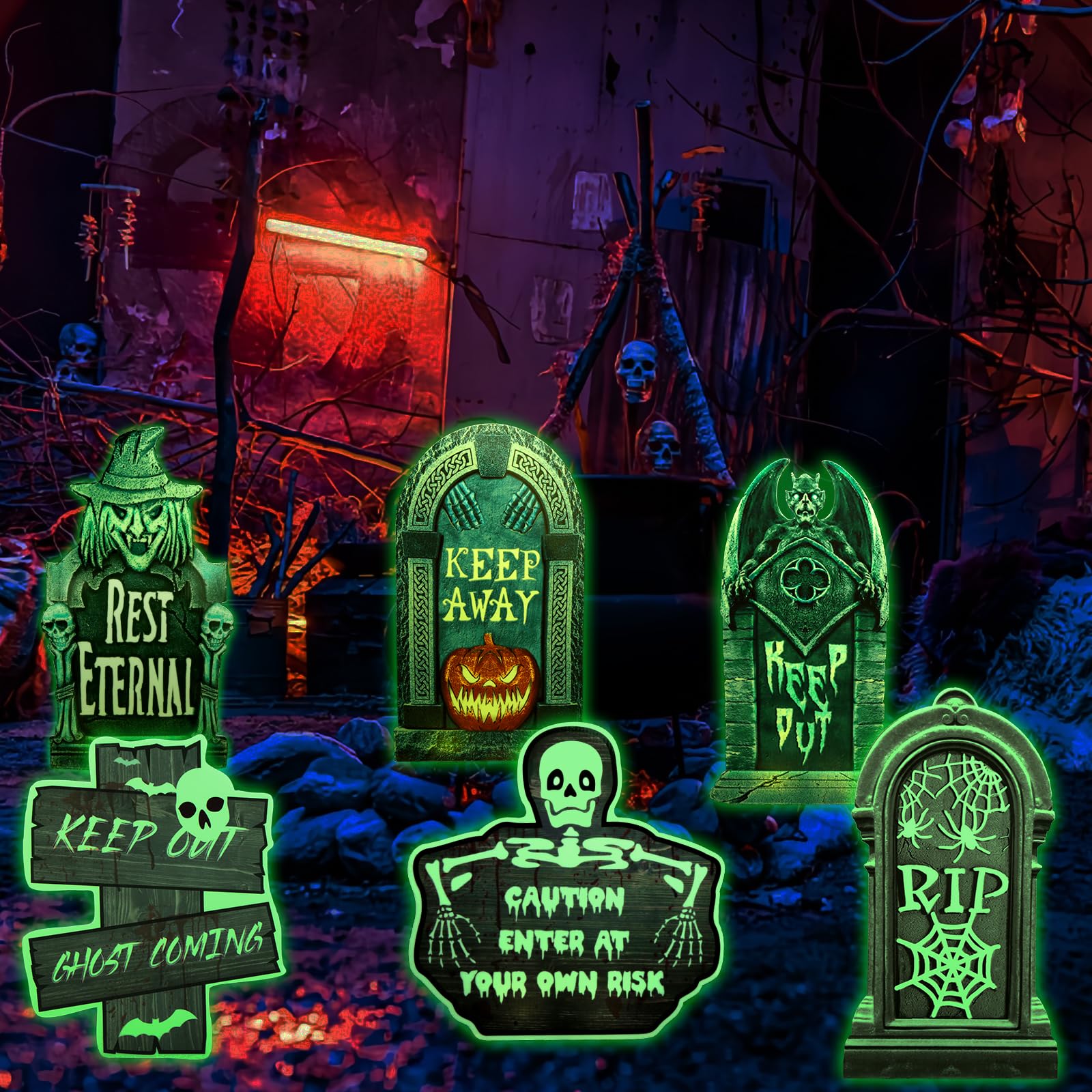 Aitsite 6PCS Halloween Tombstone Decorations, Green Plastic Gravestones with Fluorescent Design, Classic Halloween Elements, Durable Materials, Gothic Style, Outdoor Use, All Seasons