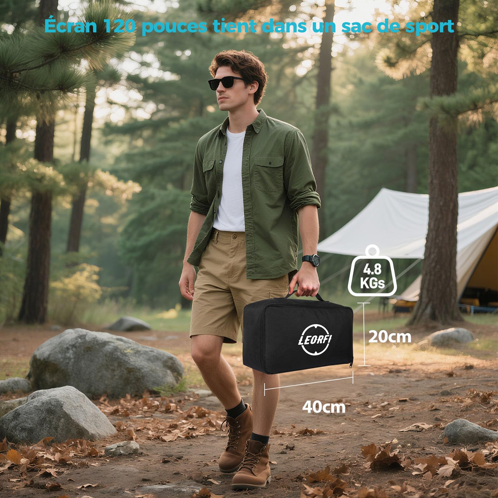 Écran de Projection avec Support 120 Pouces – LEORFI Écran de Projection Portable Intérieur Extérieur avec Dos Noir, 16:9 4K HD, Anti-Plis, Sac de Transport pour Jardin & Home Cinéma