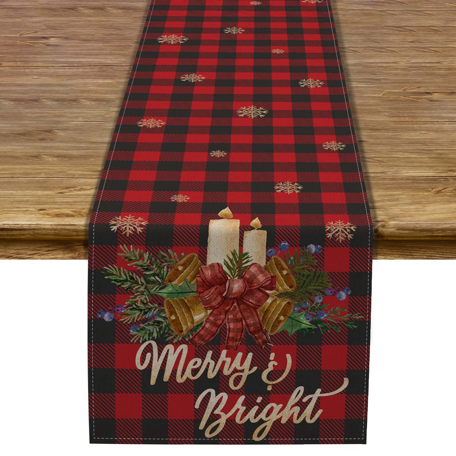 Christmas Red and Black Buffalo Check Plaid Table Runner Rustic Linen Winter Solstice Yule God Jul Decoration for Home Kitchen Dining Room -13x72 inch