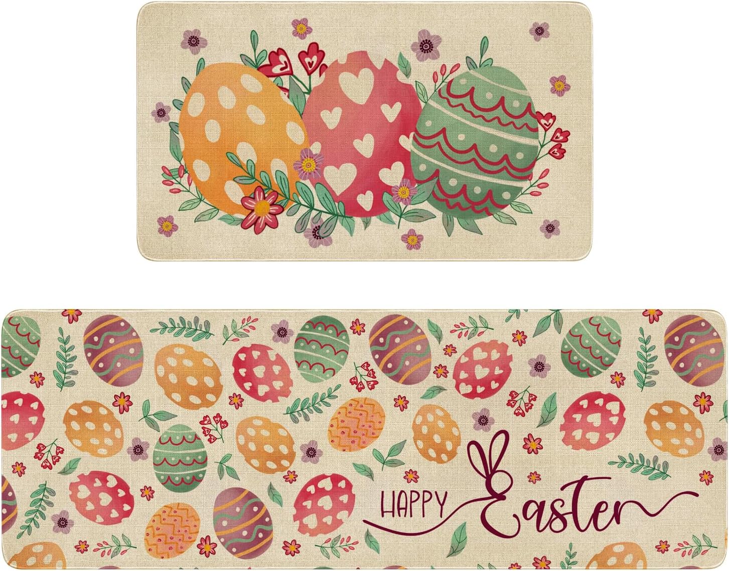 Happy Easter Kitchen Rugs and Mats Set of 2,Spring Eggs Flowers Floral Farmhouse Non Slip Washable Floor Sink Mats Decorations for Home Kitchen 18"x48"+18"x30"