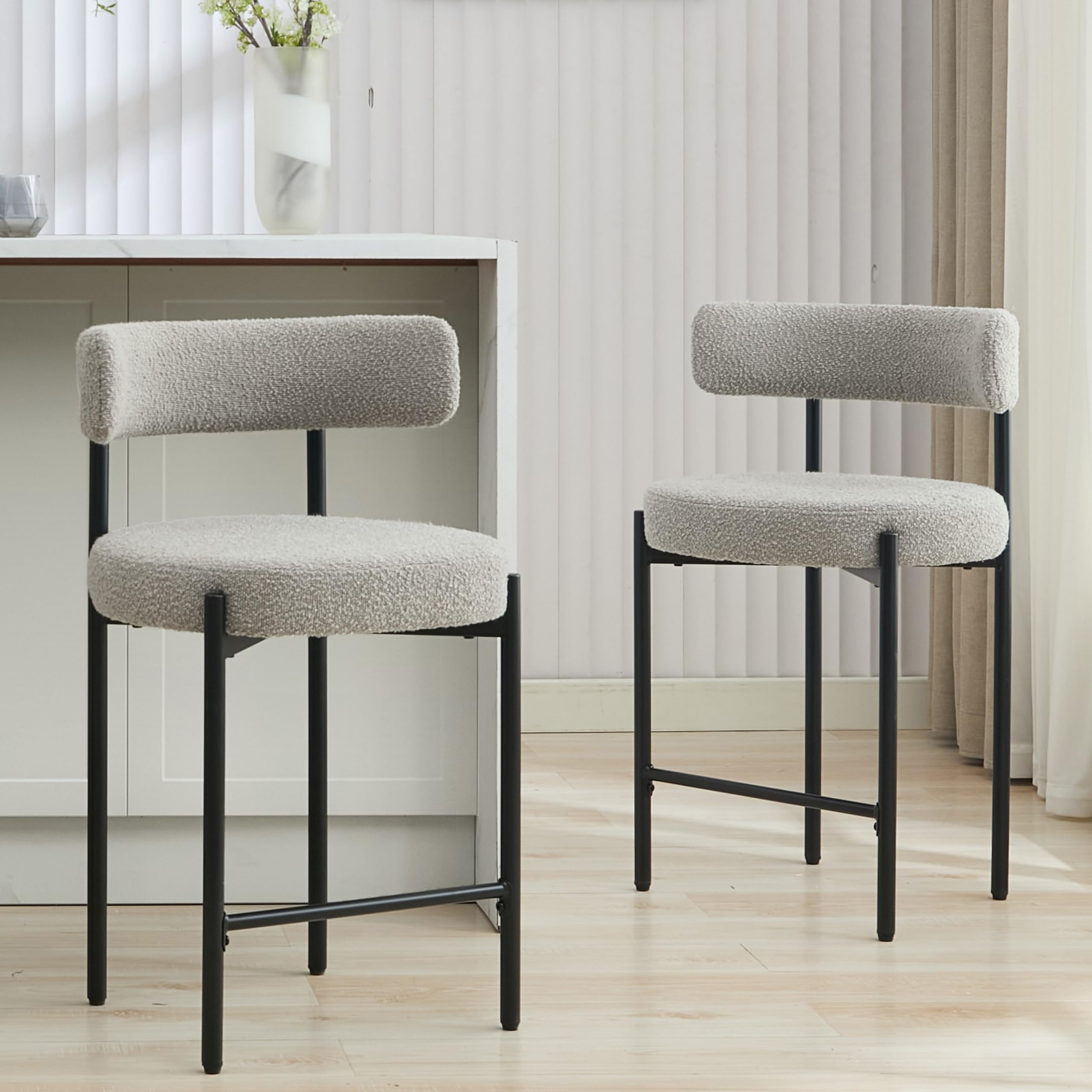  Bar Stools Set of 2, Grey Bar Stools with Backs, Counter Height Bar Height Stools for Kitchen Island, Upholstered Bar Chairs