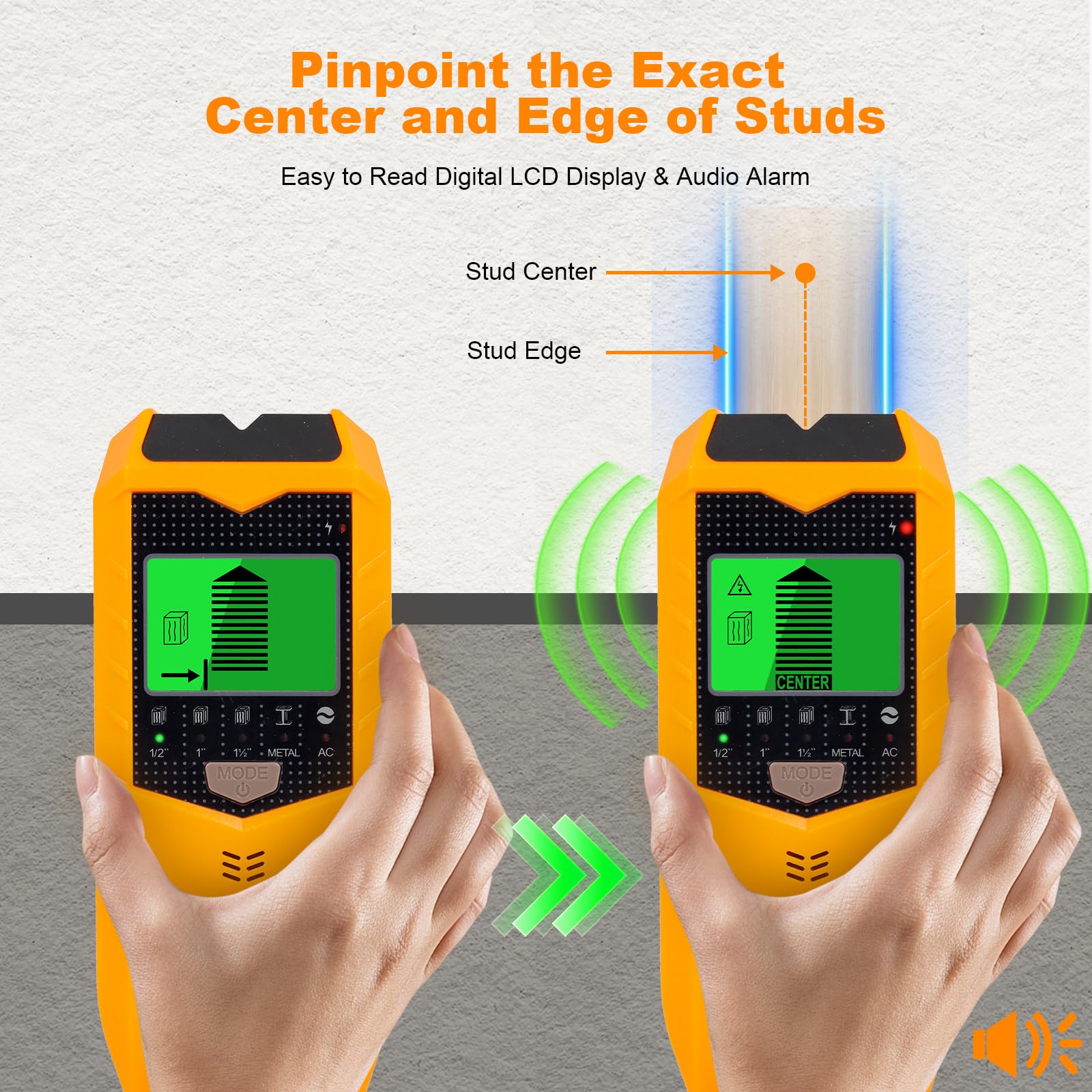 Escáner de pared, detector de pernos 5 en 1 con chip de microprocesador inteligente y pantalla LCD HD, buscadores de haz para centro y borde de madera, cable de CA, viga, metal y tubería,