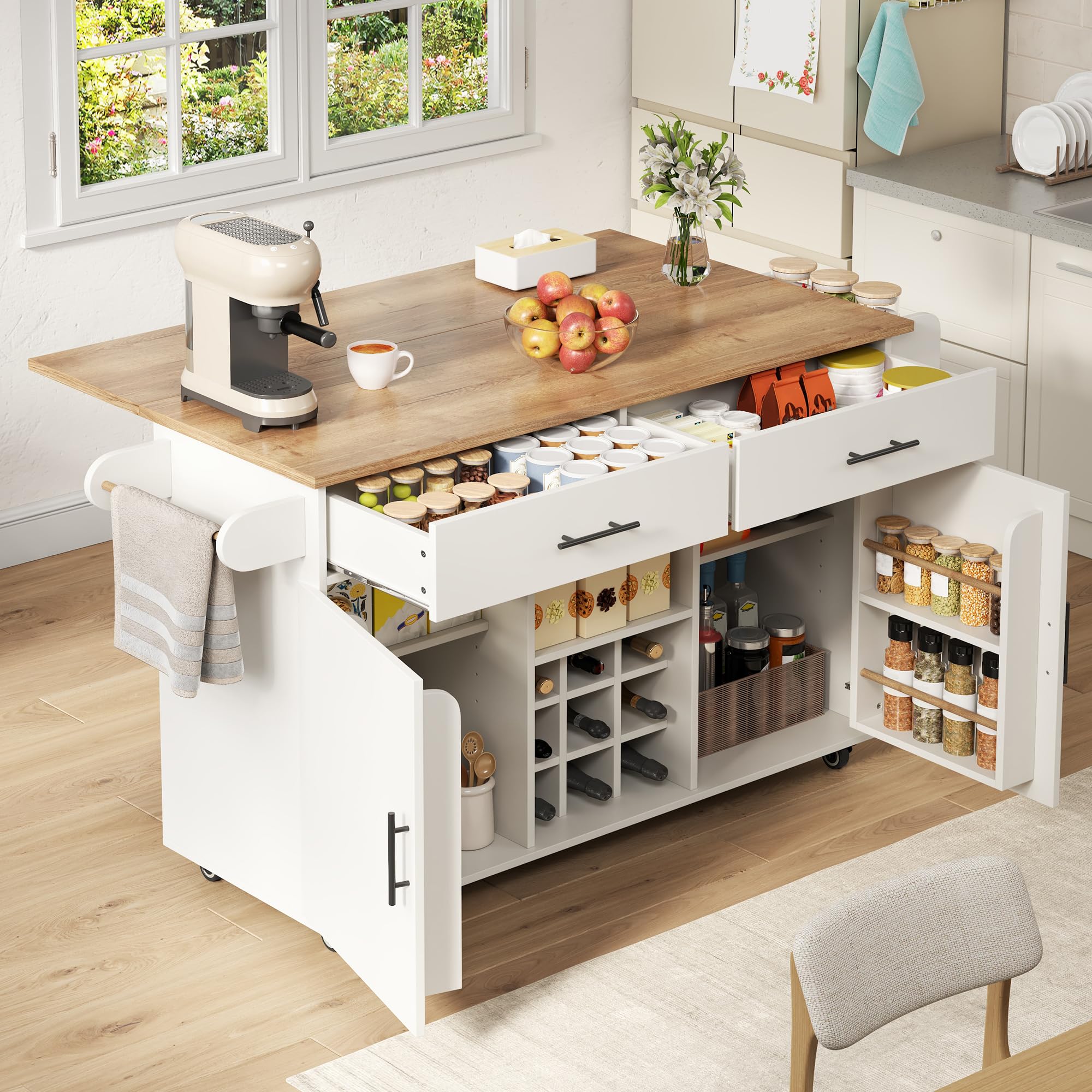 Isola da cucina con piano di lavoro pieghevole, bianco, carrello da cucina arrotolabile con vano portaoggetti, 2 cassetti, scaffale per vino, portaspezie, portasciugamani, design salvaspazio