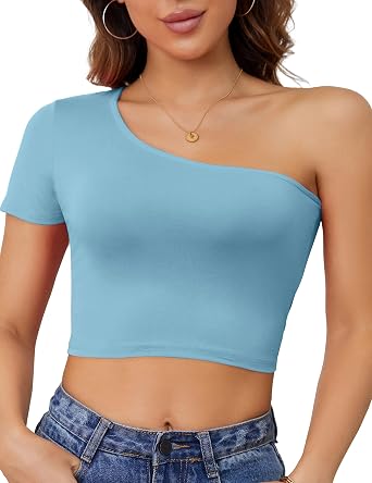 Crop Tops for Women Cute One Shoulder Tee Womens Short Sleeve Going Out Shirts