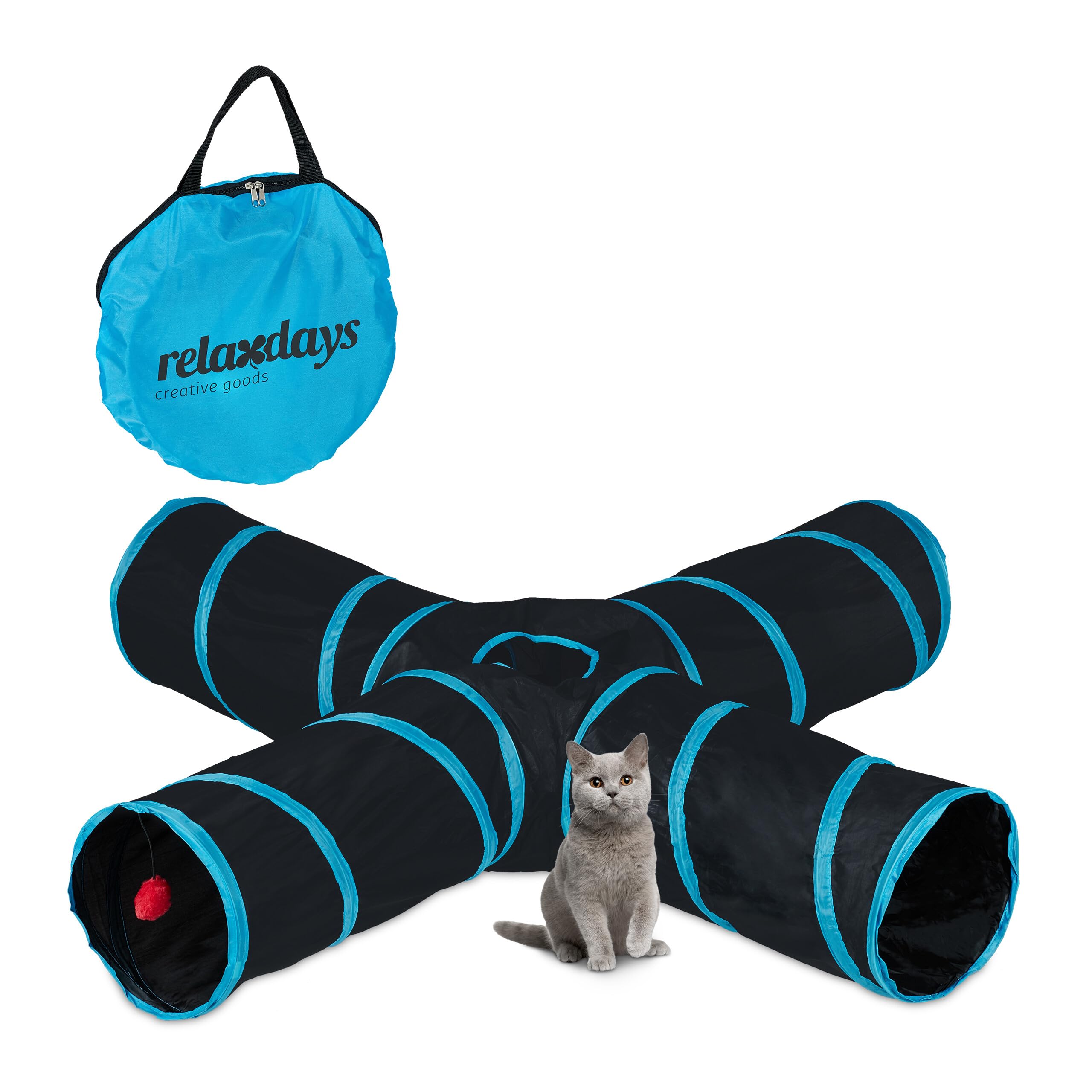 Relaxdays Tunnel pour Chat, 4 Voies, Pliable, HxLxP : env. 25x130x125 cm, Jouet interactif, Lapin Nain, Noir/Bleu