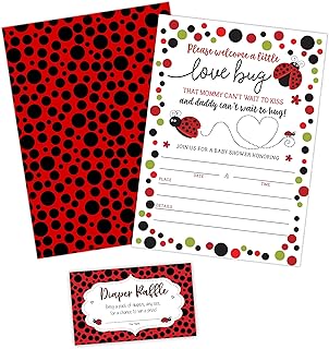 Ladybug Baby Shower Invitations, Red Lady Bug Baby Shower Invites with Diaper Raffles Cards, Sprinkle, 20 Invites