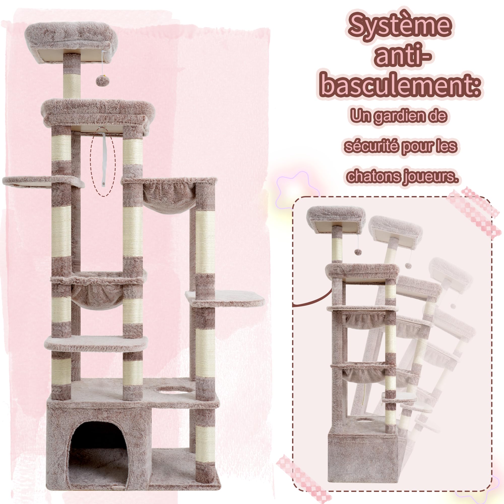 Heybly Arbre À Chat, 180cm De Haut avec Base Stable, Plateforme XL, Grande Maison pour Chat, 2 Hamacs, Meubles pour Chats À Plusieurs Niveaux pour Les Chats du Maine, Marron Beige HCT037MU