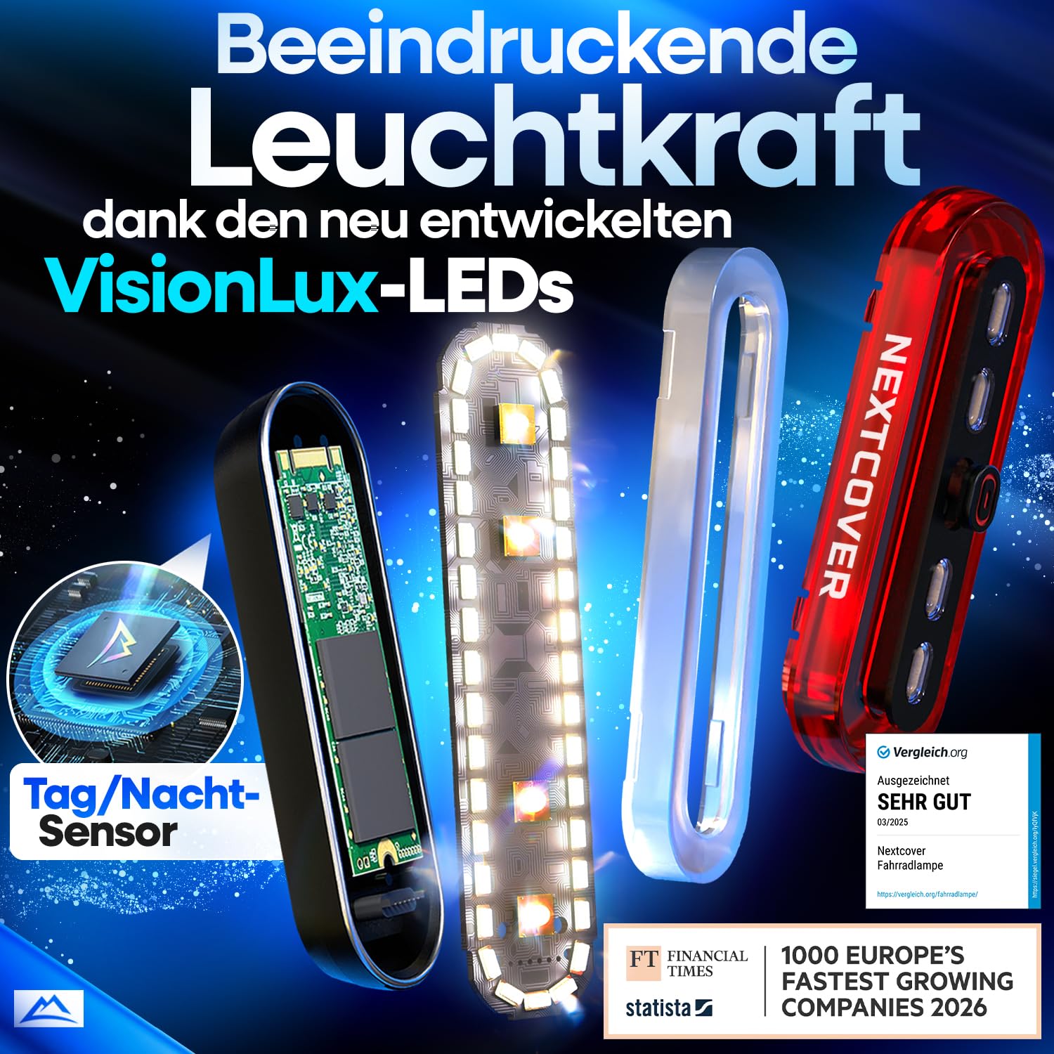 NEXTCOVER® Rücklicht Fahrrad mit [VisionLux] LEDs und Bremslicht I StVZO zugelassen I LED Fahrradrücklicht mit 8 Stunden Akku I Fahrradlicht hinten für Rennrad, E-Bike, Fahrrad Rücklicht blinkend
