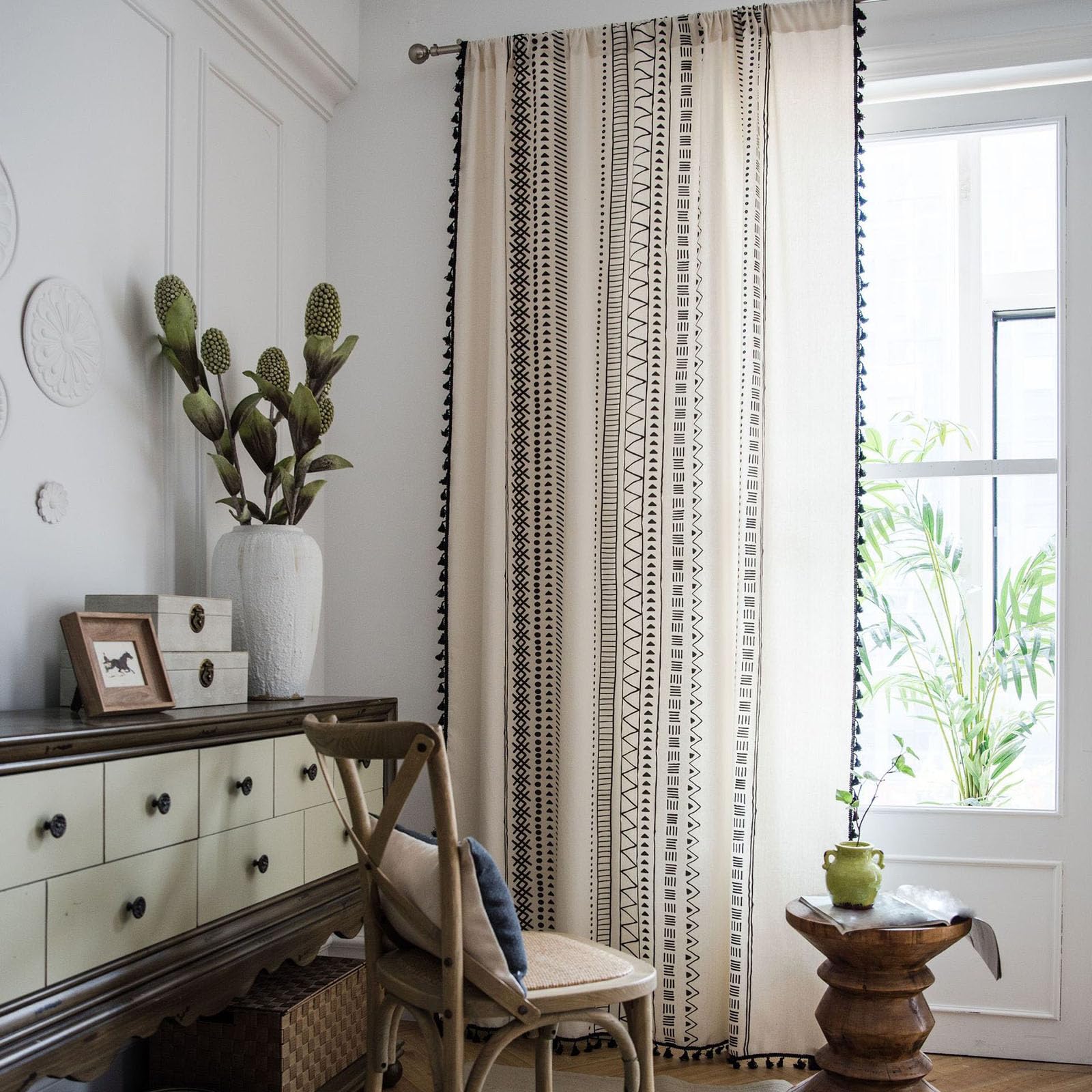 Cortinas rústicas de 150 x 280 cm en algodón y lino geométrico con bolsillo