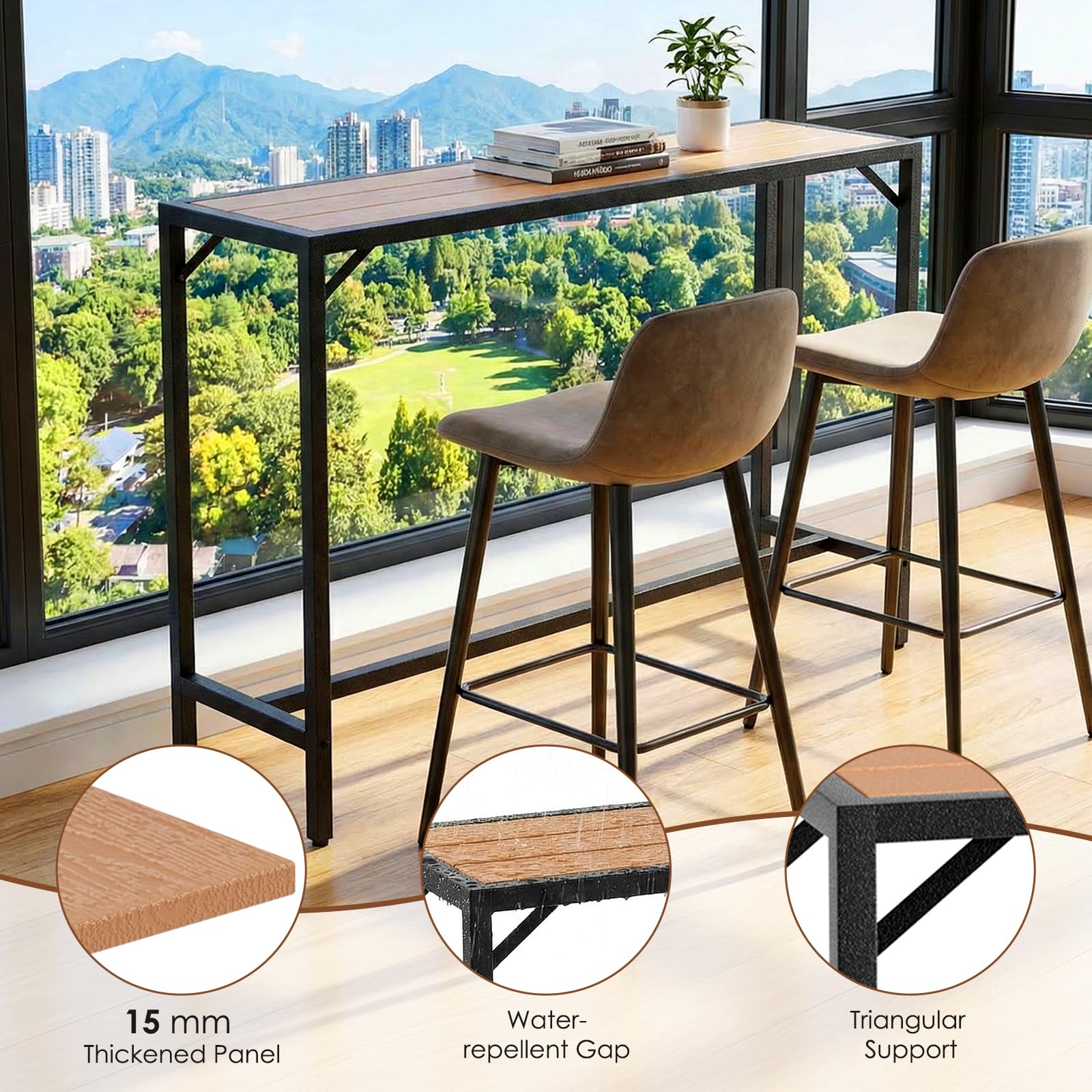 Table Haute de Jardin Clevich 120x38x98 cm Mange Debout Exterieur Plateau Étanche Pieds Réglables Hauteur Bois