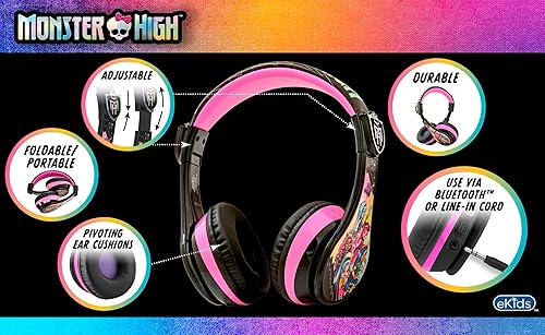 Miniatura 2 de eKids Monster High Auriculares inalámbricos con micrófono, incluye cable auxiliar, volumen reducido, plegable para la escuela, el hogar o los viajes