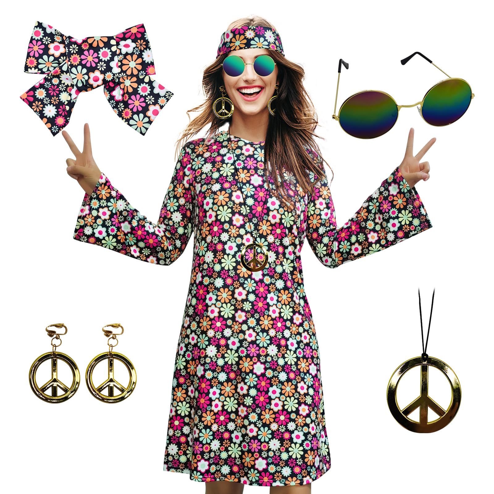 MRYUWB 70s Hippie Dress Costumes Necklace Earrings Sunglass Women Disco Outfit, 60s Party Costume, Halloween Retro Dresses