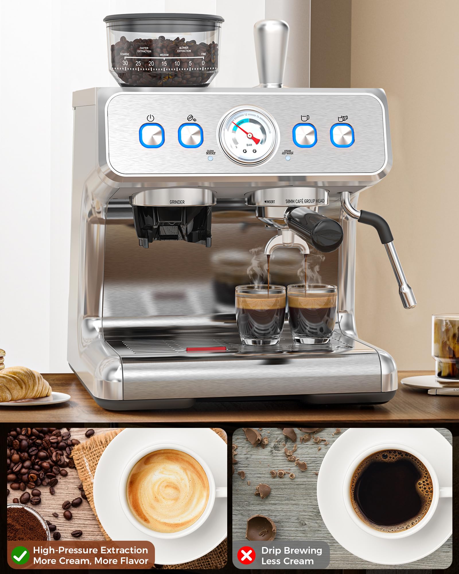 COWSAR - Macchina da caffè espresso a 20 barre con macina e montalatte da 58 mm, macchina da caffè in acciaio inox per cappuccino e latte, perfetta per l'uso