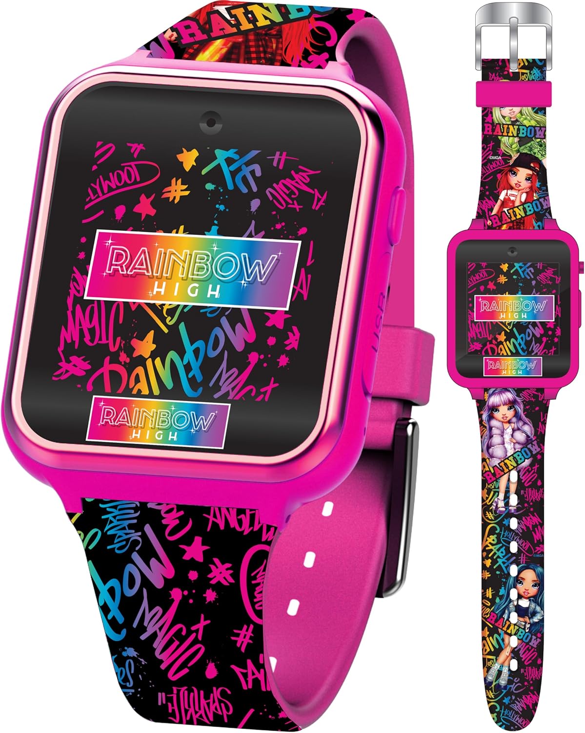 Accutime Kids Rainbow High Educational Learning Touchscreen Pink Smart Watch Toy with Multicolor Strap for Girls, Boys, Toddlers – Selfie Cam, Games, Alarm, Calculator, Pedometer (Model: RNB4017AZ)