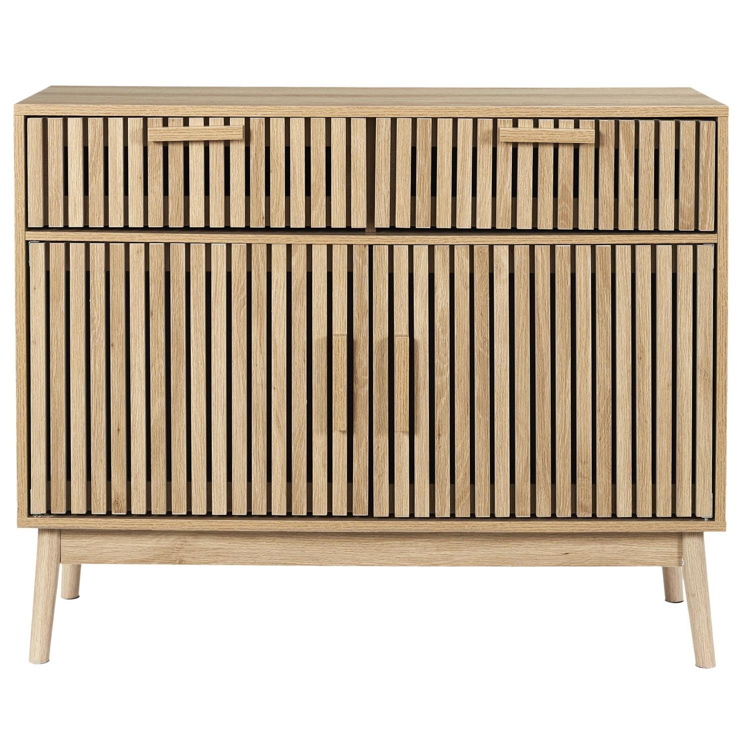 Commode Linea couleur chêne – Buffet avec 2 tiroirs et 2 portes, façades modernes avec fraisage vertical, meuble pour salon, salle à manger, couloir
