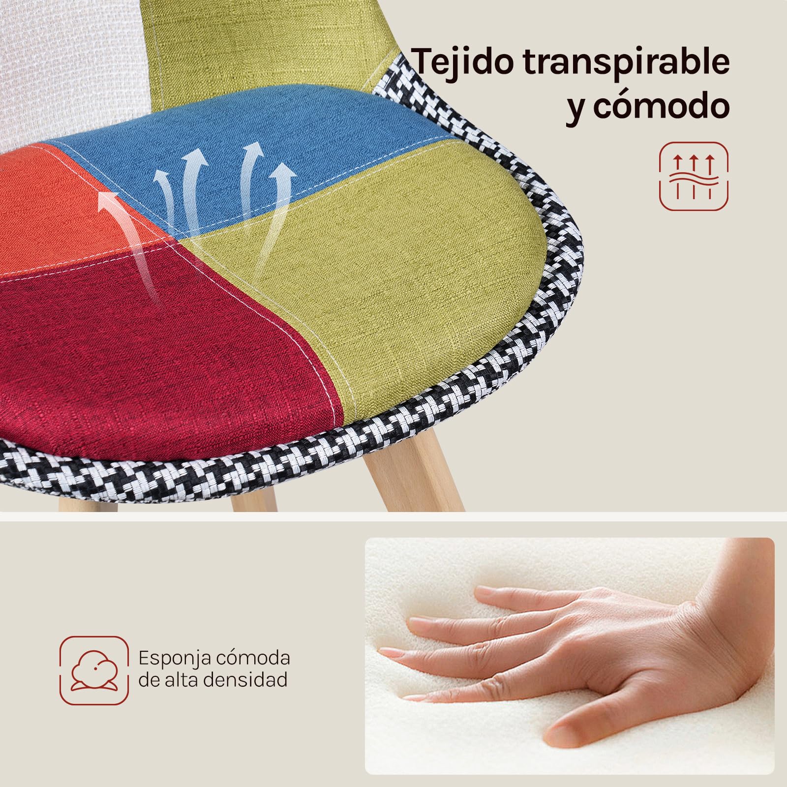 WOLTU Juego de 4 Sillas de Comedor,Patchwork,Multicolor | Patas de Madera Maciza FSC, Estilo Escandinavo, Transpirable y Cómoda, para Comedor o Salón