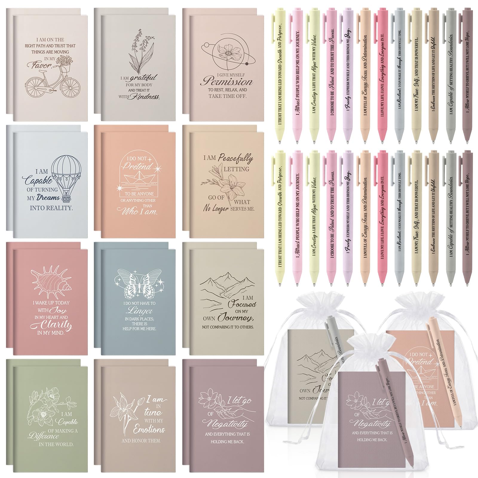 Mooliwe 24 Pcs Affirmation Notebooks Pens Bulk Gifts, Gratitude,Earth Tones