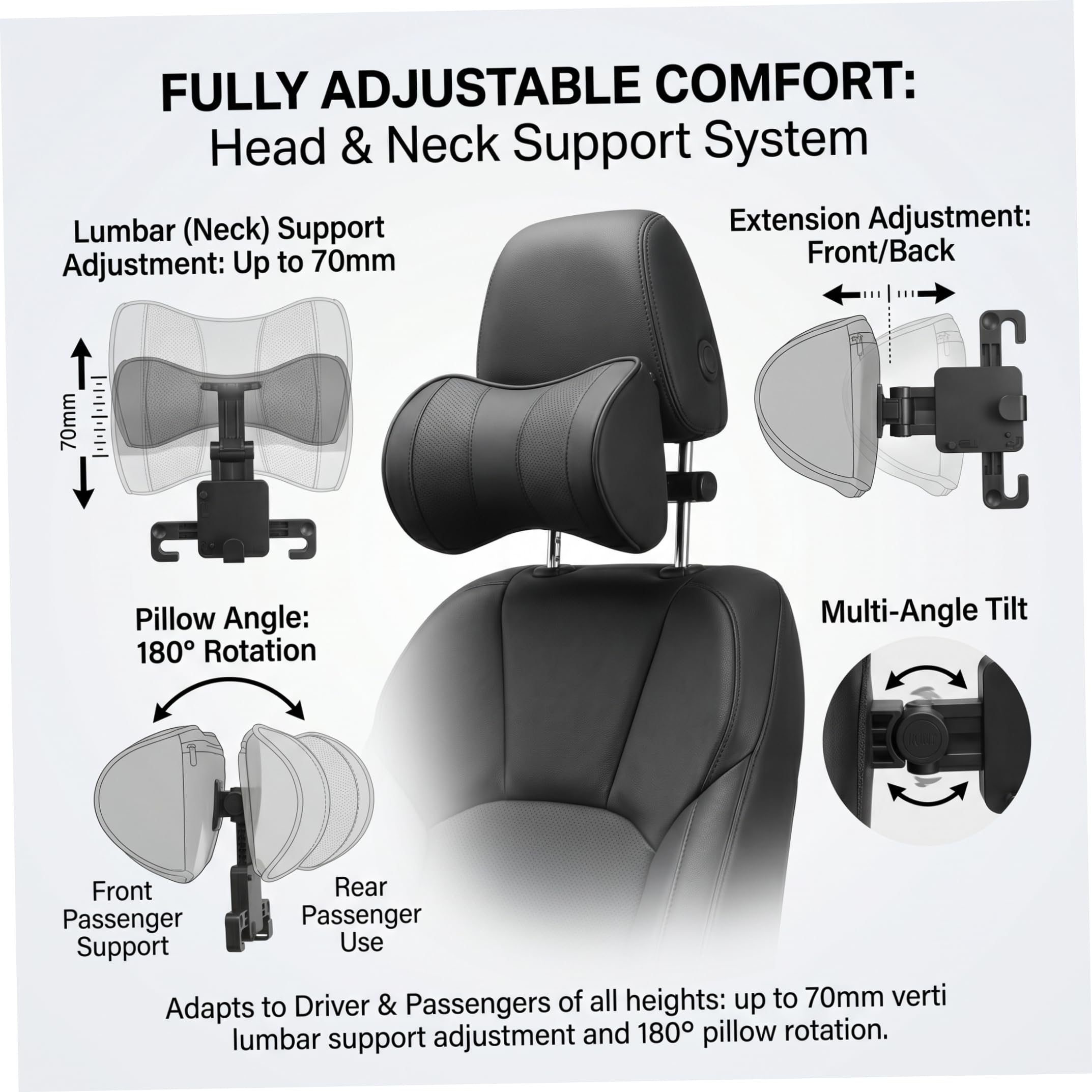 Accessoires de siège, support de cou voiture, oreiller d'appui-tête voiture réglable en 6 directions avec support téléphone et crochet, oreiller en mousse à mémoire forme en cuir pour la