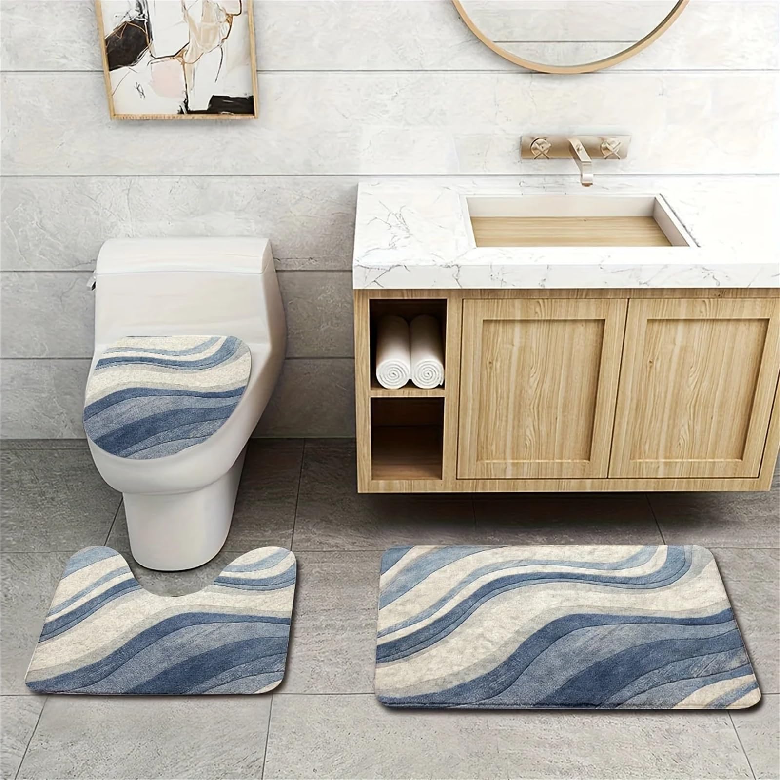 Ensemble de Tapis de Bain Tapis de Sol Salle Bain Moderne et Simple (3 pièces) - Imperméable antidérapant Motif ondulé Bleu Blanc