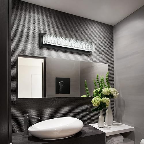 Miniatura 3 de PULLCU Lámpara de baño de 23 pulgadas, moderna lámpara de tocador de cristal LED negra para baño, luces de espejo de tocador, blanco frío, 6000 K