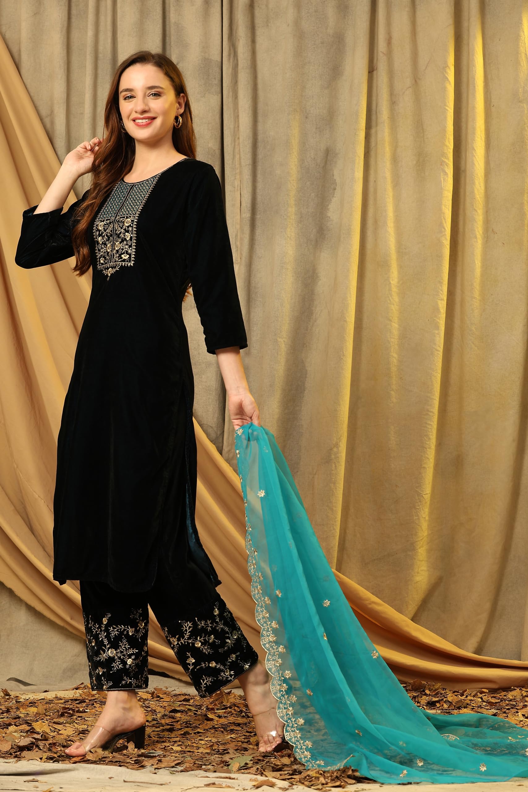 TRENDMALLS Salwar - Completo da donna in velluto ricamato, pantaloni Kurta con Dupatta