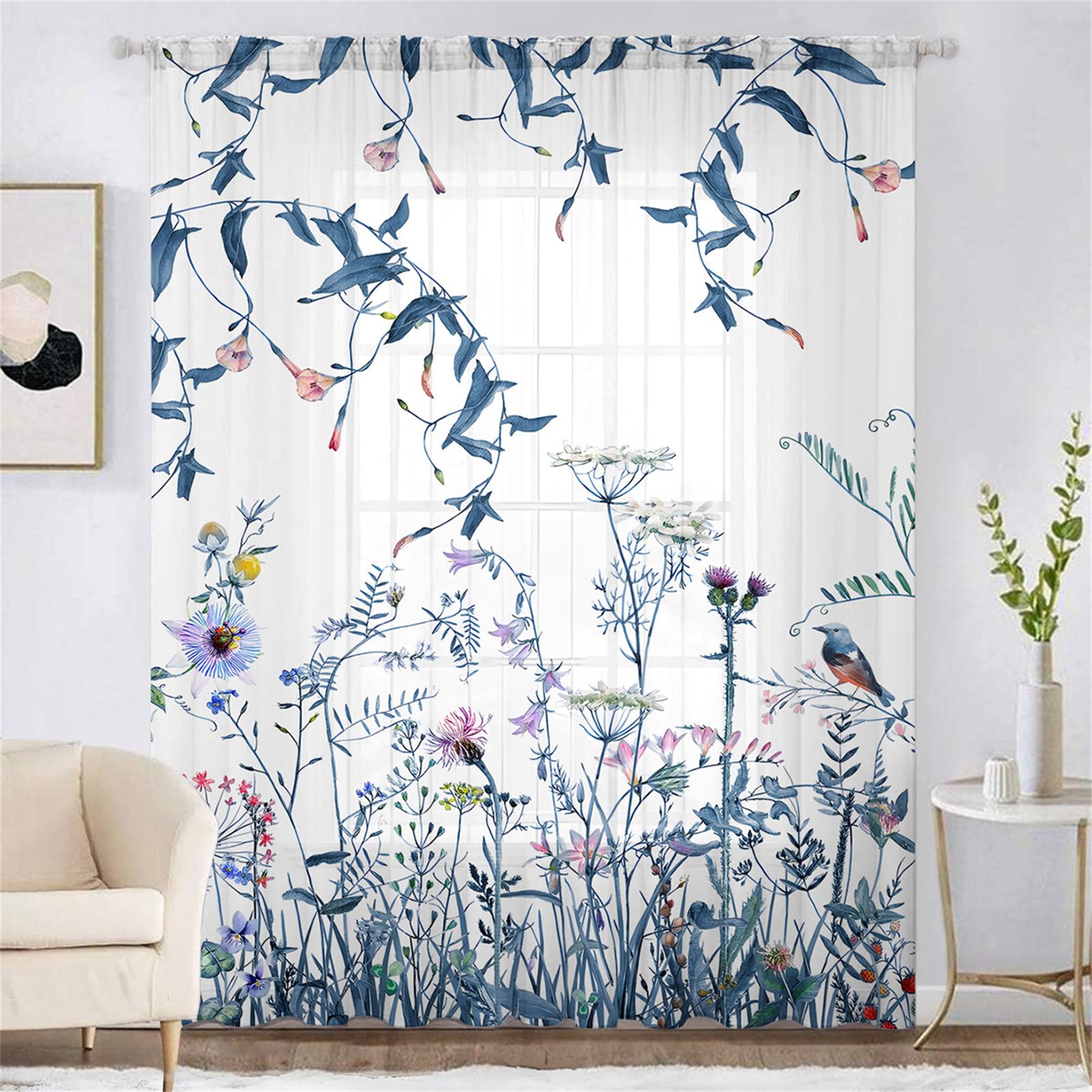 Surwin Net Curtains for Windows, 1 Panels Voile Curtain, Flower and Bird Series with Eyelets, Semi Transparent Lightweight Voile Panel for Living Room Bedroom Balcony (Blue 2,W132xH213cm)