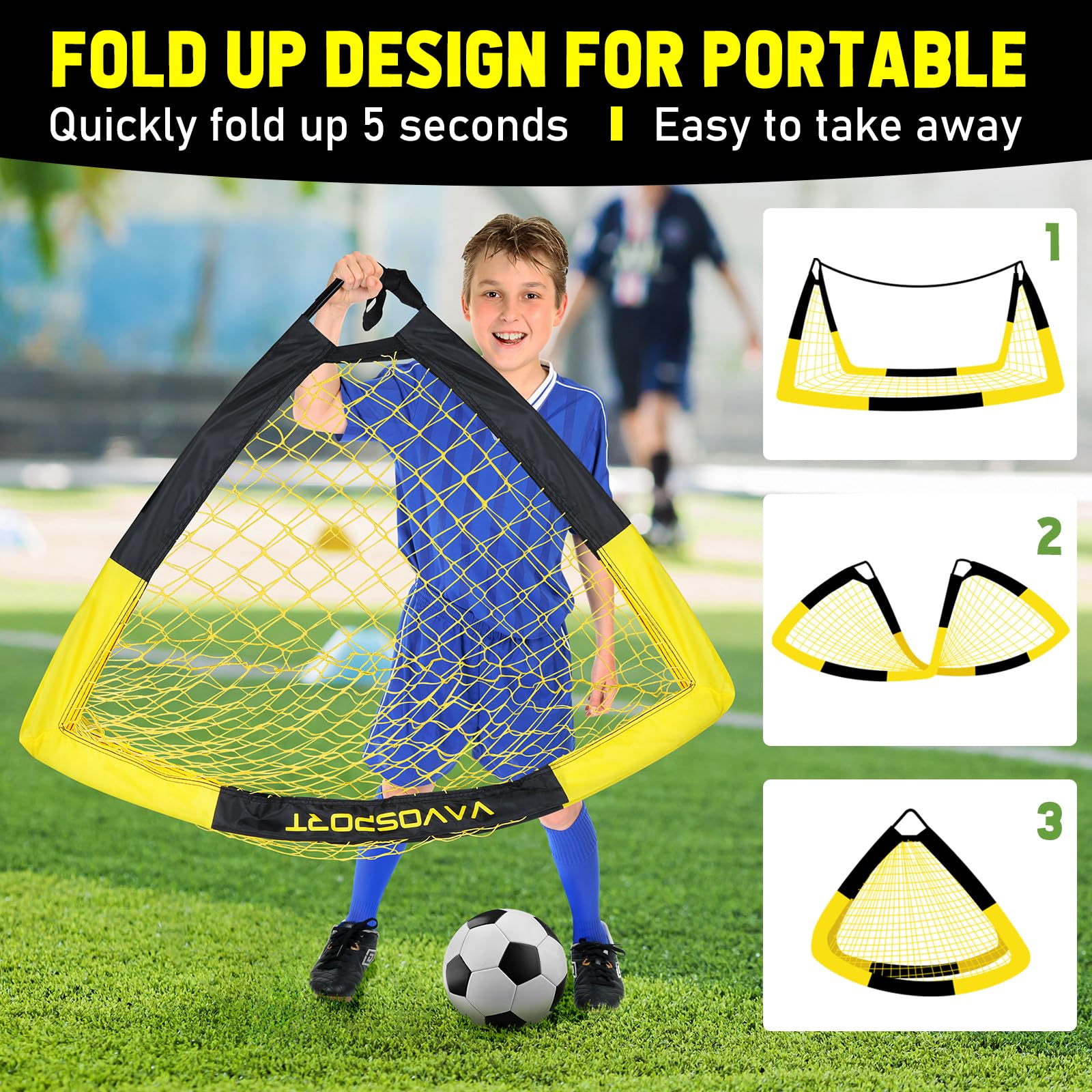Kids Soccer Goal Set, 2 of 4x3 ft Soccer Goals for Backyard, Portable Pop Up Soccer Nets Training Equipment with Soccer Ball, Cones, Soccer Net for Family Kids Youth Outdoor Sports Games view 4
